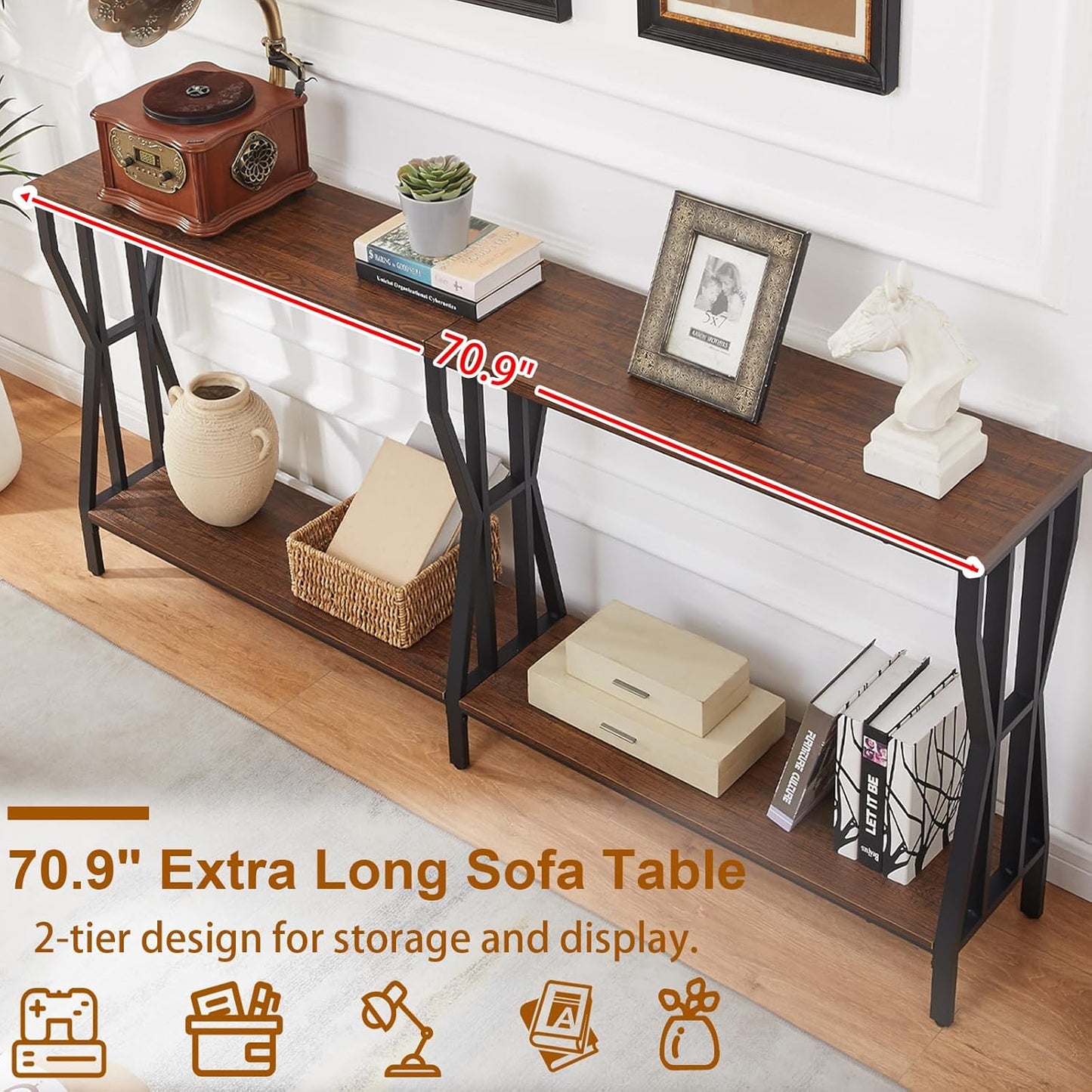 HOMISSUE Sofa Console Table, 70.9" Extra Long Sofa Table with 2-Tier Storage, Industrial Narrow Console Tables Behind Couch, Hallway Table for Entryway, Living Room, Rustic Brown