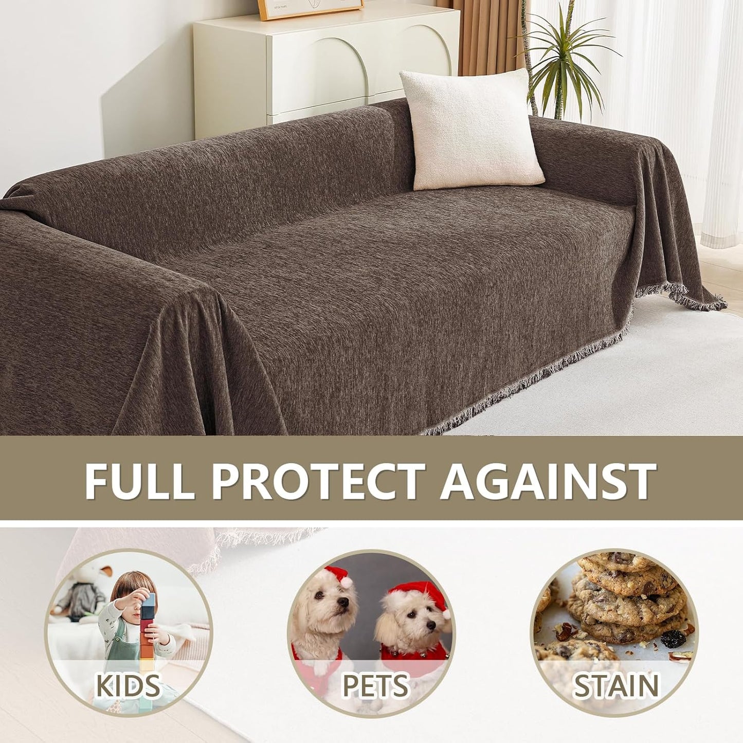 MYSKY HOME Couch Covers for 3 Cushion Couch Sofa, Sectional Couch Cover L Shape Chenille Couch Cushion Covers for Pets, Furniture Protector Cover for Dogs, Kids, 91"X150", Deep Chocolate