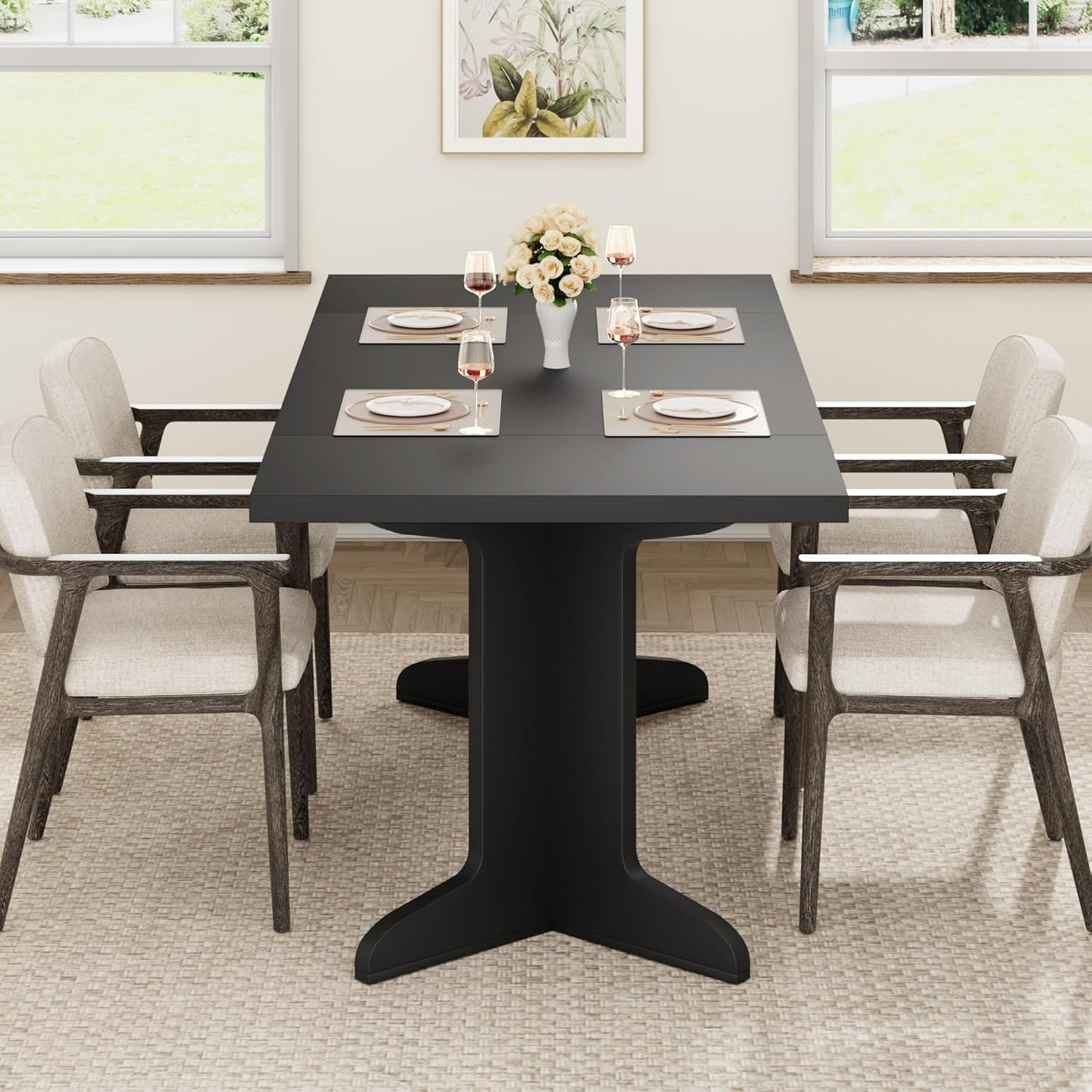 71" Dining Table for 6 to 8 People, Modern Dinner Table with Unique Wooden Legs, Rectangle Dining Table for Kitchen, Dining Room & Living Room, Black
