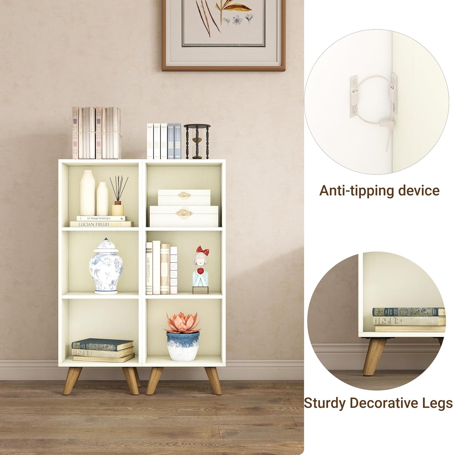 Manora Small Bookcase with 3 Open Shelves, Modern White Bookshelf with Wooden Legs, Narrow Storage Organizer for Living Room, Bedroom, Office