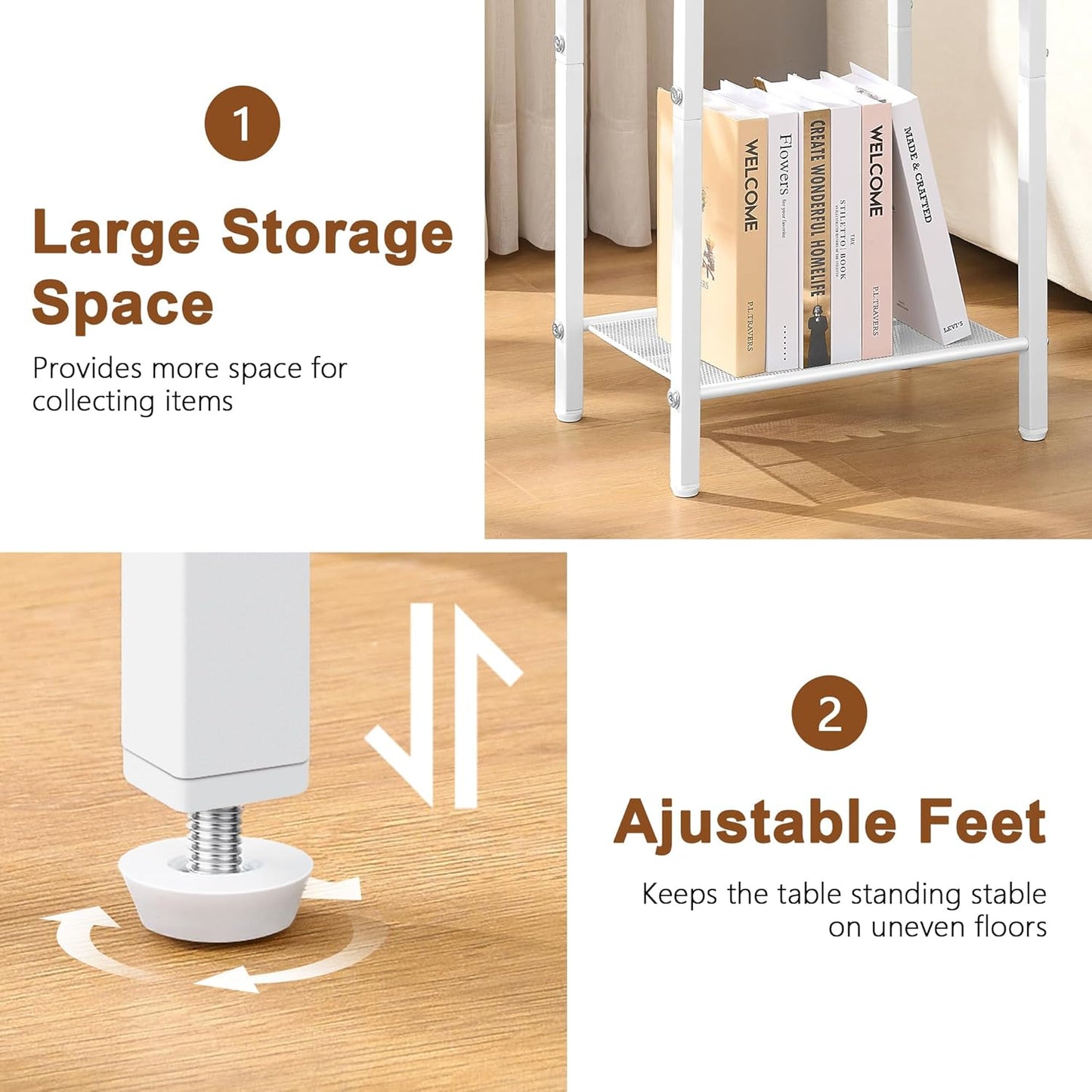 Hoctieon 3 Tier End Table, Telephone Table, Narrow Side Table with Storage, Nightstand for Small Spaces, Metal Frame, for Living Room, Bedroom, Sofa Couch, Hall, Easy Assembly, White and Yellow Oak