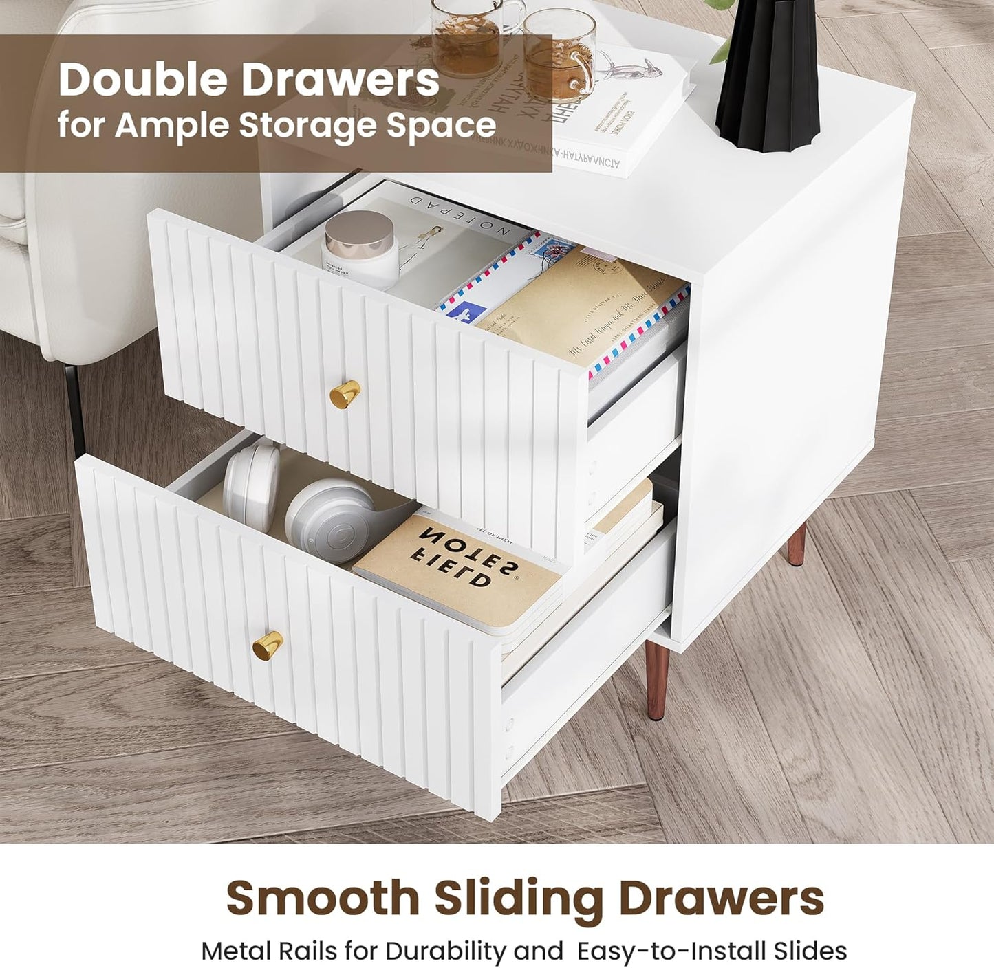 Black Night Stand Set 2,Fluted Nightstand with Door and Open Storage Space,Modern Bedside Table and Wood End Side Table with Golden Metal Legs and Handles for Bedroom,Black (White, 2 Drawers)