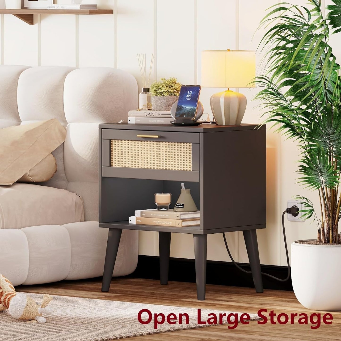 Irontar Nightstand Set of 2, Bedroom Night Stand with Charging Station & Rattan Drawer, Boho Style Bed Side Tables with Solid Legs, Accent End Table with Open Storage, Black and Natural BZZ007BME02