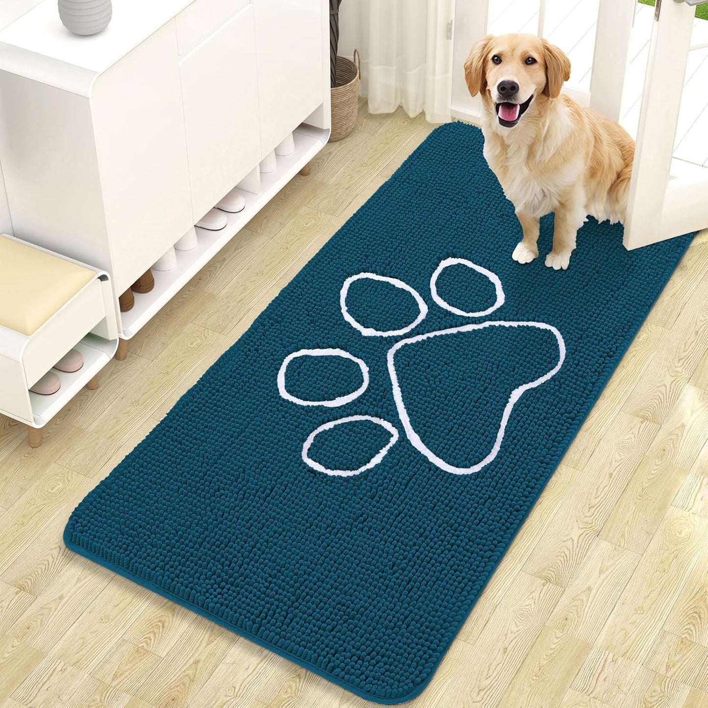 OLANLY Door Mat for Muddy Dog Paws 47x24, Absorbent Chenille Mud Doormat with Paw Print Design, Non-Slip Washable Doormat for Indoor Entryway, Quick-Dry Pet Bed Mats for Dirty Dogs, Atlantic Blue