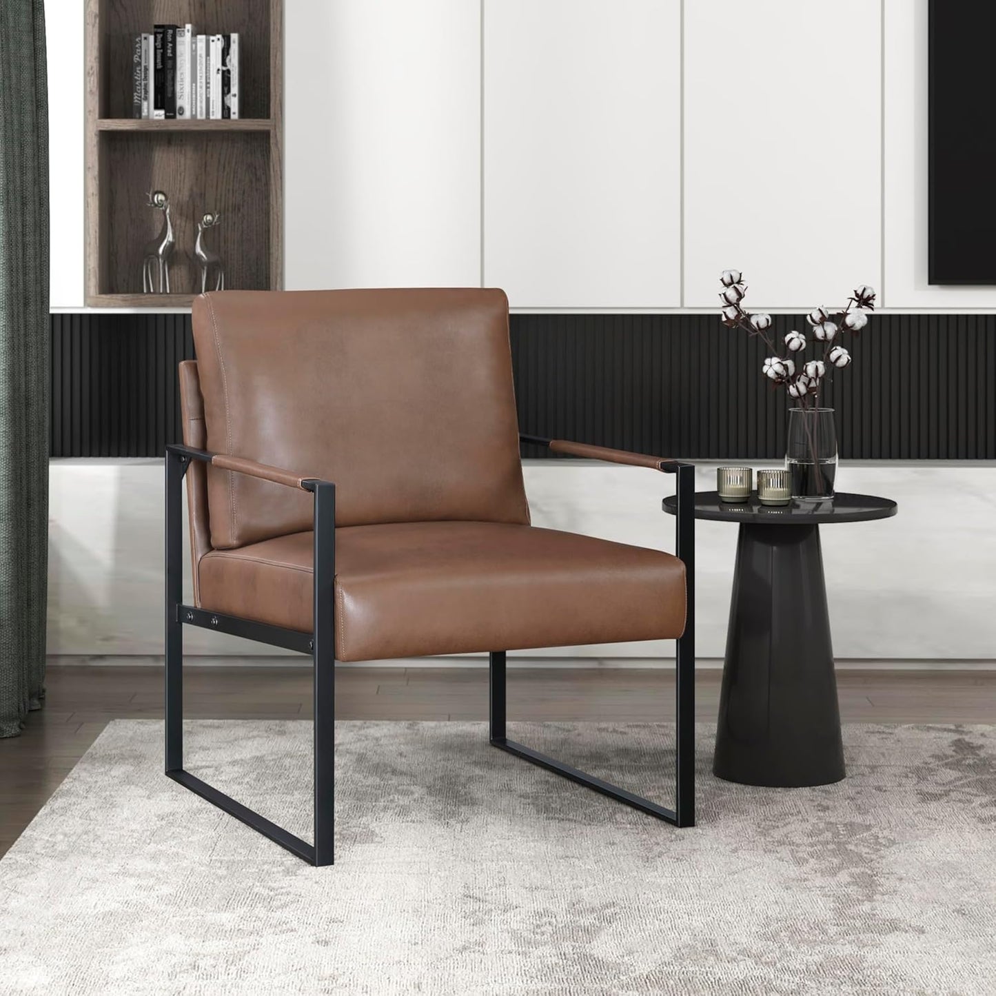 Lexicon Modern Accent Chair, Faux Leather Upholstered Living Room Chair with Wrapped Armrests, Arm Chair with Black Metal Frame, Comfy Single Chair for Living Room/Bedroom/Reading Room/Office, Brown