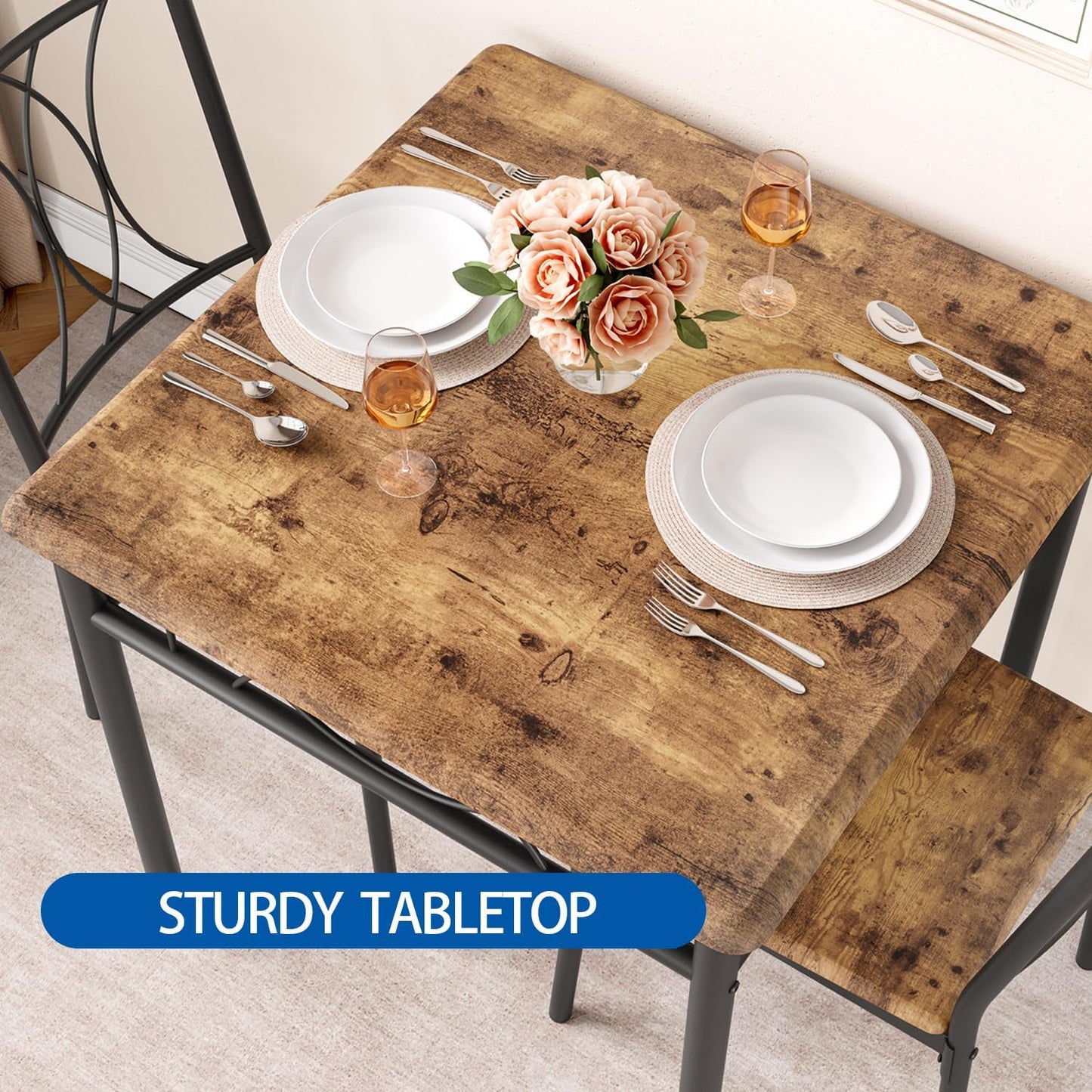 IDEALHOUSE Dining Table Set for 2, Kitchen Table and Chairs for 2, Rectangular Dining Room Table Set, 3-Piece Wood Dining Table Set for Apartment, Small Space, Space Saving, Retro Brown