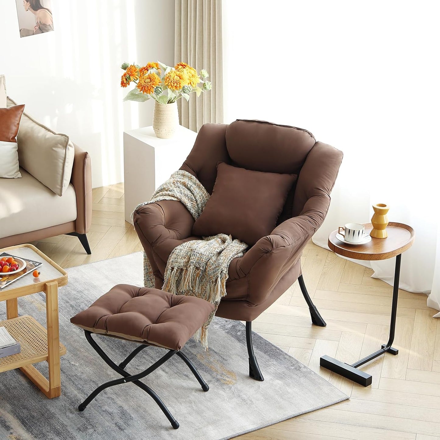 Lazy Chair with Ottoman, Comfy Reading Chair with Footstool & Pillow Modern Lounge Chair with Armrests & Side Pocket for Living Room, Bedroom, Dorm Room，Dark Brown
