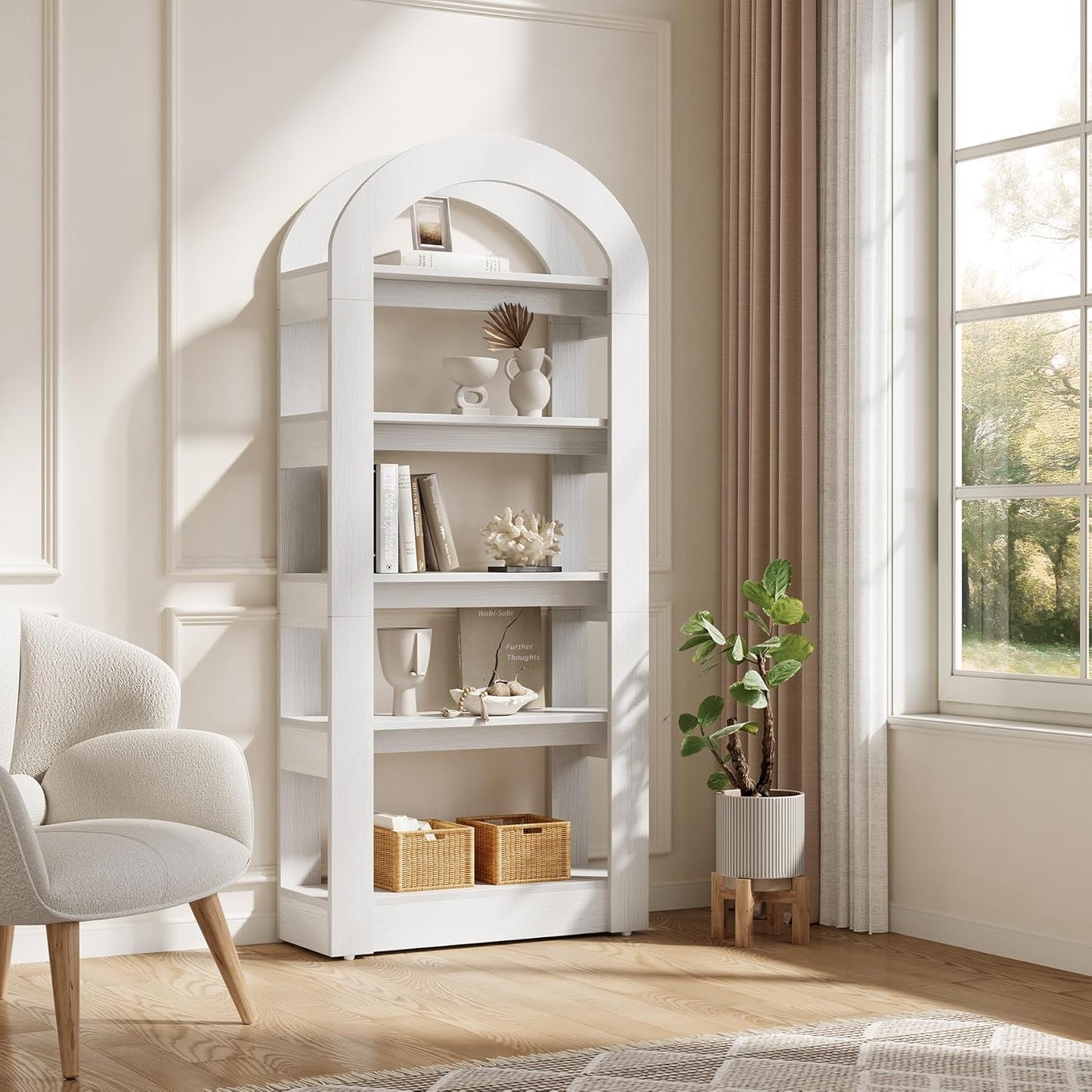 LITTLE TREE 5-Tier Bookshelf, Arch-Shaped Racks, Tall Standing Wooden Bookcase Display Shelf Modern Storage Solution, White
