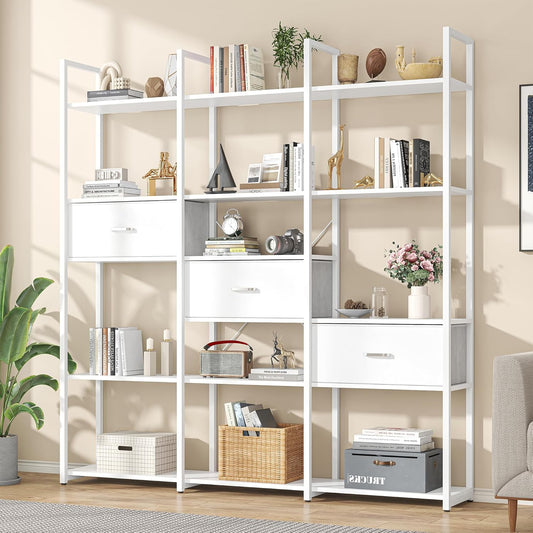 73.6" Tall Bookshelf with 3 Drawers and 16 Storage Shelves, Industrial Bookcase with 16 Open Display Shelves, Large Etagere Bookshelf, Triple Wide Book Shelf Book Case for Home & Office, White