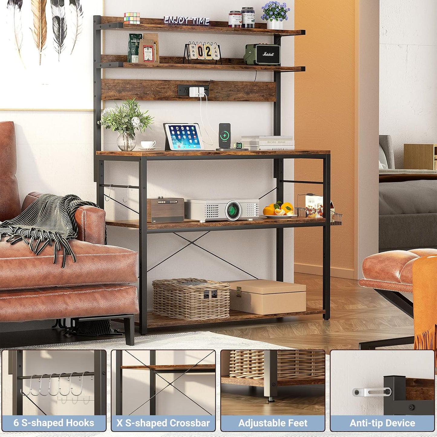 Aheaplus Bakers Rack with Power Outlet, Microwave Stand, 5 Tiers Coffee Bar Station with Led Lights, Kitchen Storage Shelf with 6 S-Shaped Hooks, Kitchen Rack Coffee Bar Stand, Rustic Brown