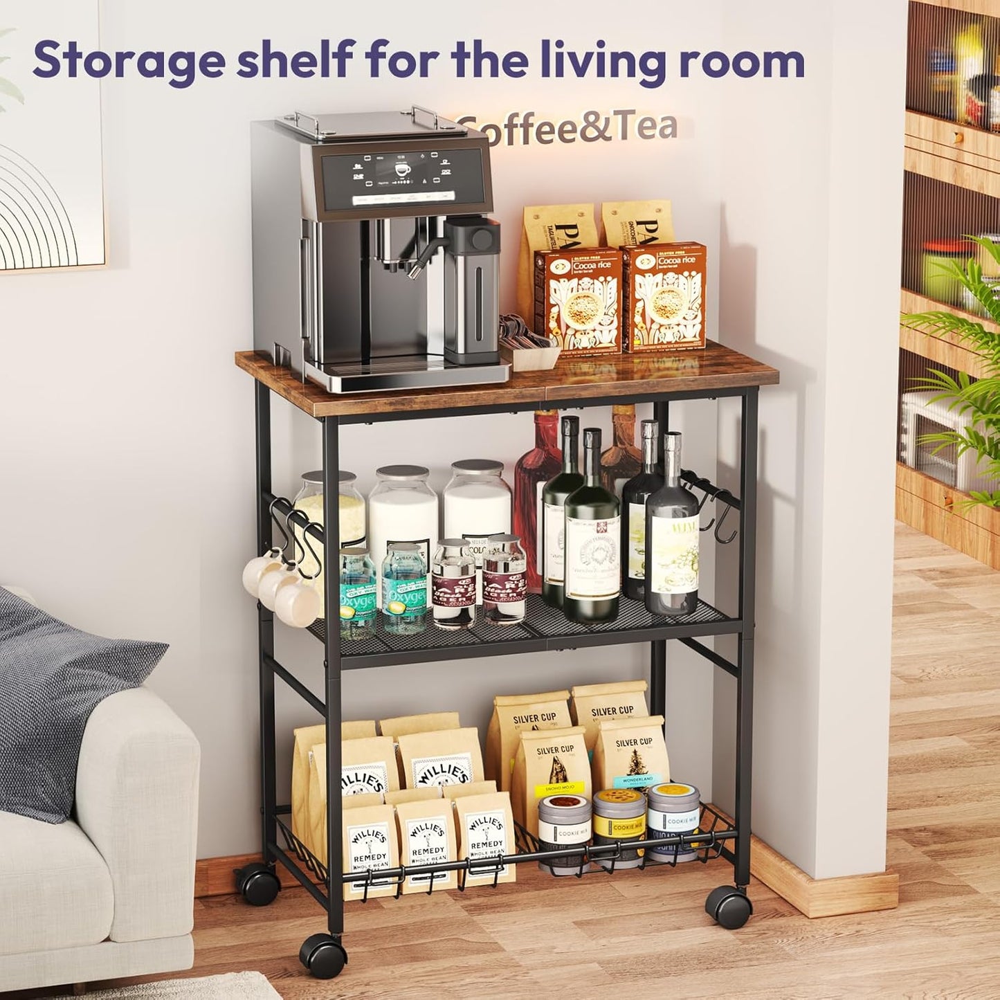 SWTYMIKI Rolling Kitchen Microwave Cart - 3 Tier Microwave Table Stand with Storage Basket and Hooks, Kitchen Utility Cart on Wheels, Coffee Cart Shelf Rack Organizer for Living Room Office, Balcony