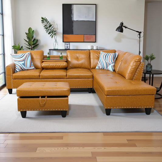 Couches for Living Room PU Leather L Shaped Couch Comfy 3 Pieces Sectional Sofa with Chaise, Ottoman with Storage for Office and Small Apartment, Ginger