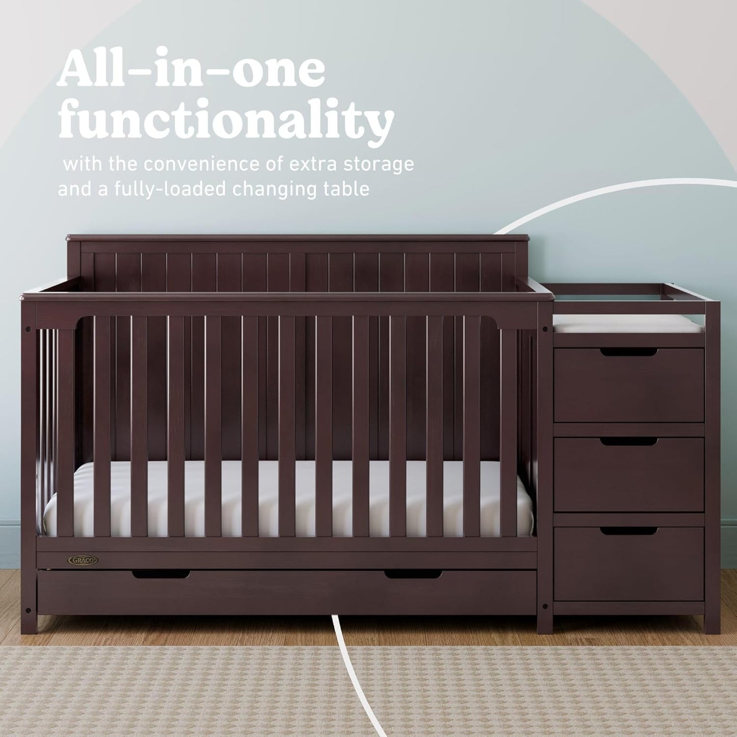 Graco Hadley All-in-One Convertible Crib & Changer (Espresso) – GREENGUARD Gold Certified, Fits Standard Crib Mattress, Converts to Toddler Bed and Full Bed, 4 Adjustable Mattress Heights