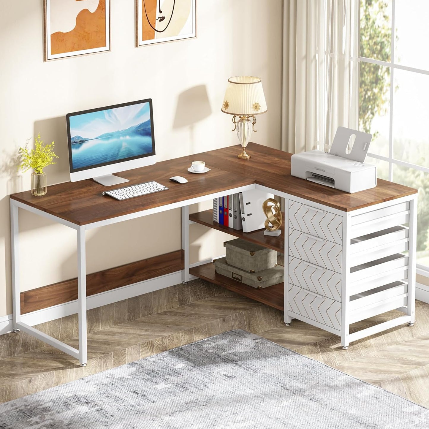 Tribesigns L Shaped Computer Desk with Storage Drawers, 59 inch Corner Desk with Shelves, Reversible L-Shaped Office Desk Study Writing Table Workstation for Home Office, Walnut & White
