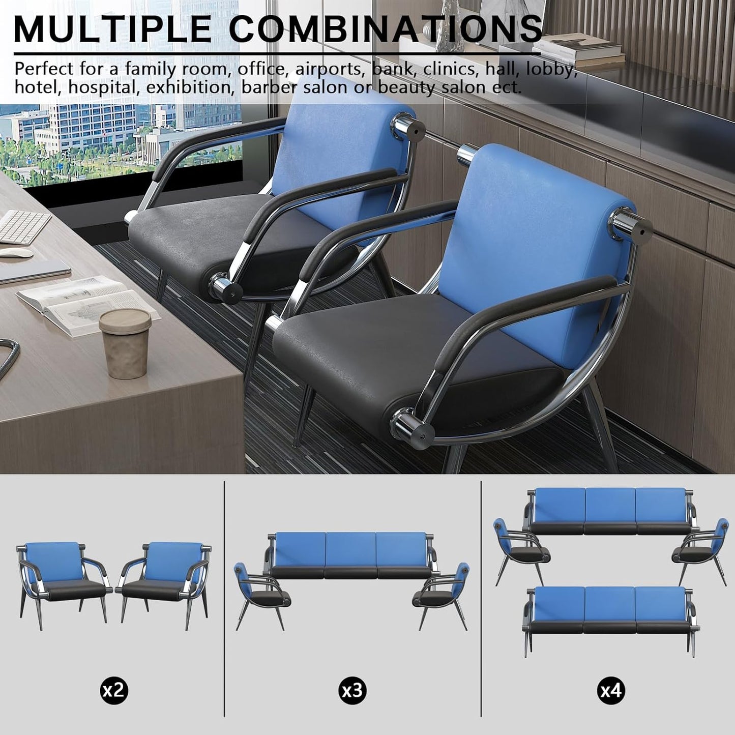 wonline 2Pcs Waiting Room Chair with Armrest PU Leather Office Furniture, Office Guest Seating Lobby Conference Reception Chairs for Airport Clinic Hospital Bank Salon Barber(Blue&Black)