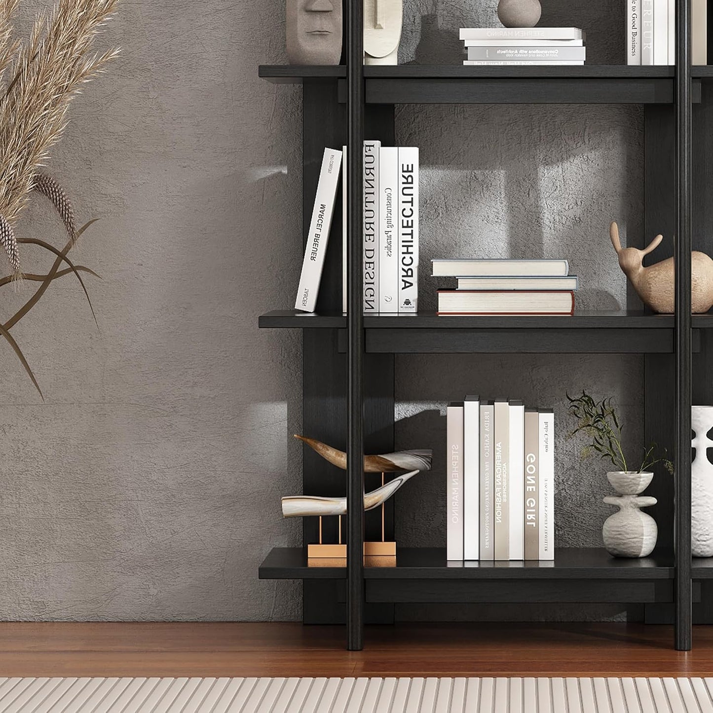 Christopher Knight Home Milio Modern 4 Shelf Bookcase, Acacia Solid Wood Book Organizer with Non-Slip Foot Pads, Sturdy Open Storage Shelf, Big Book Shelf, Floor Standing Unit, 70.20'' Height, Black