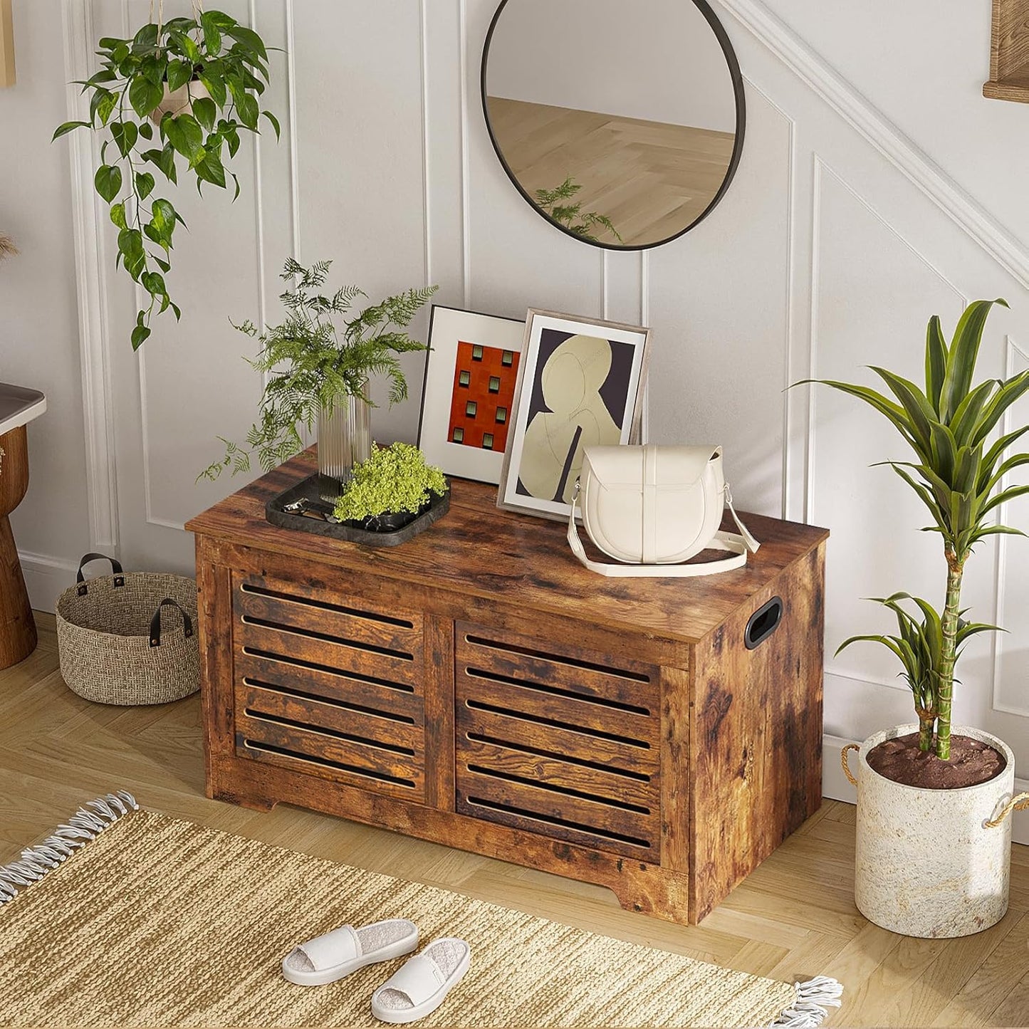 DINZI LVJ Storage Chest, Flip-Top Wooden Toy Box with 2 Safety Hinges, Retro Entryway Shoe Bench, Sturdy Large Storage Trunk for Living Room, Bedroom, Toddler Room, Easy Assembly, Rustic Brown