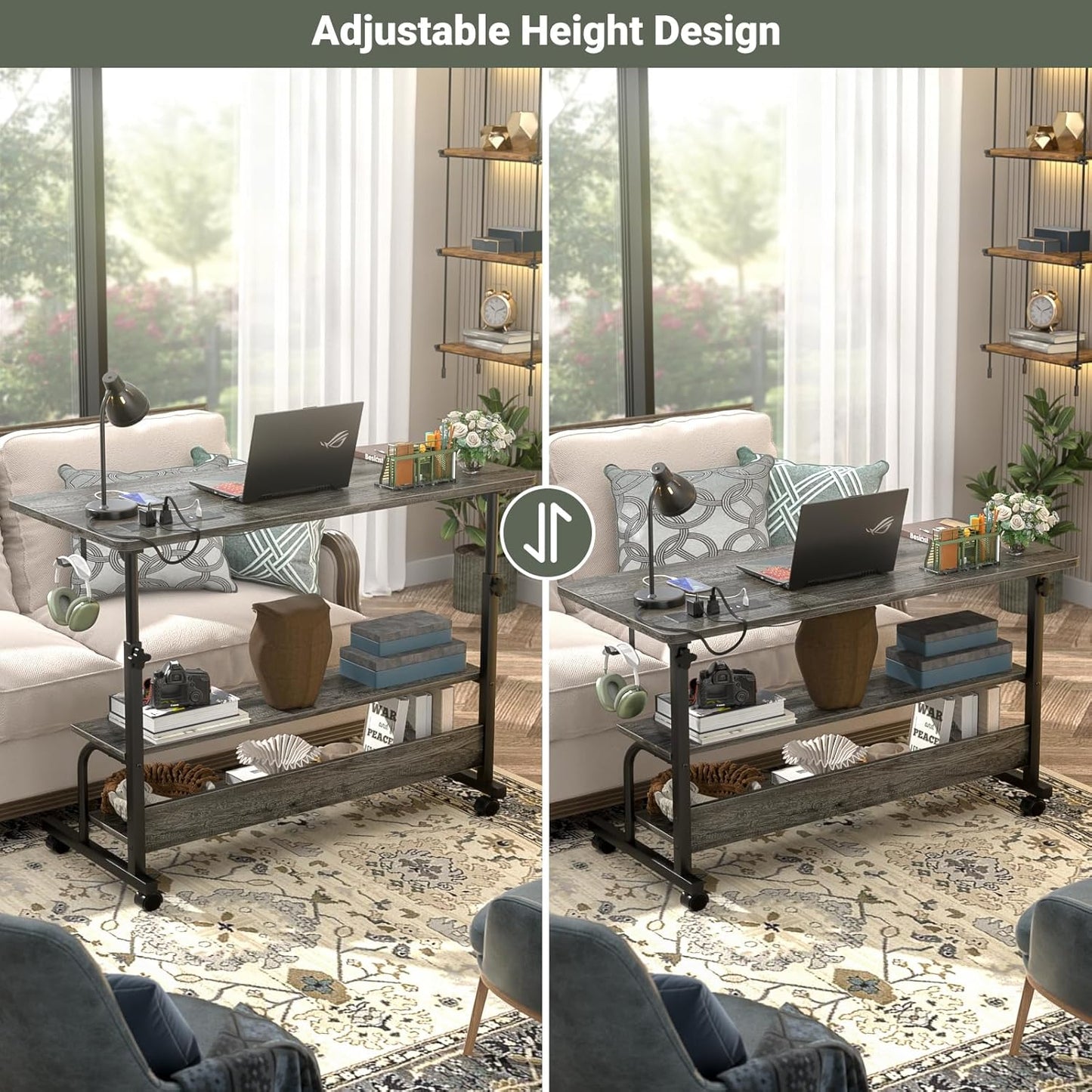 39" Height Adjustable Standing Desk with Power Outlets - Manual Rolling Stand Up Desk with Wheels Small Portable Computer Desk Mobile Laptop Table with Storage Shelves for Home Office, Grey Oak