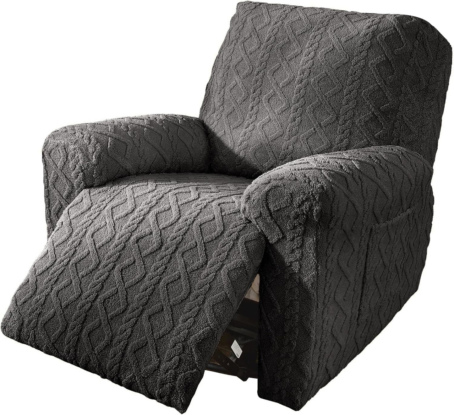 vctops 4 Pieces Geometric Jacquard Plush Recliner Slipcovers Soft Fuzzy Fluffy Sofa Couch Cover Anti-Slip Furniture Protector with Elastic Bottom for Kids Cats Dogs(Dark Grey,1 Seat)