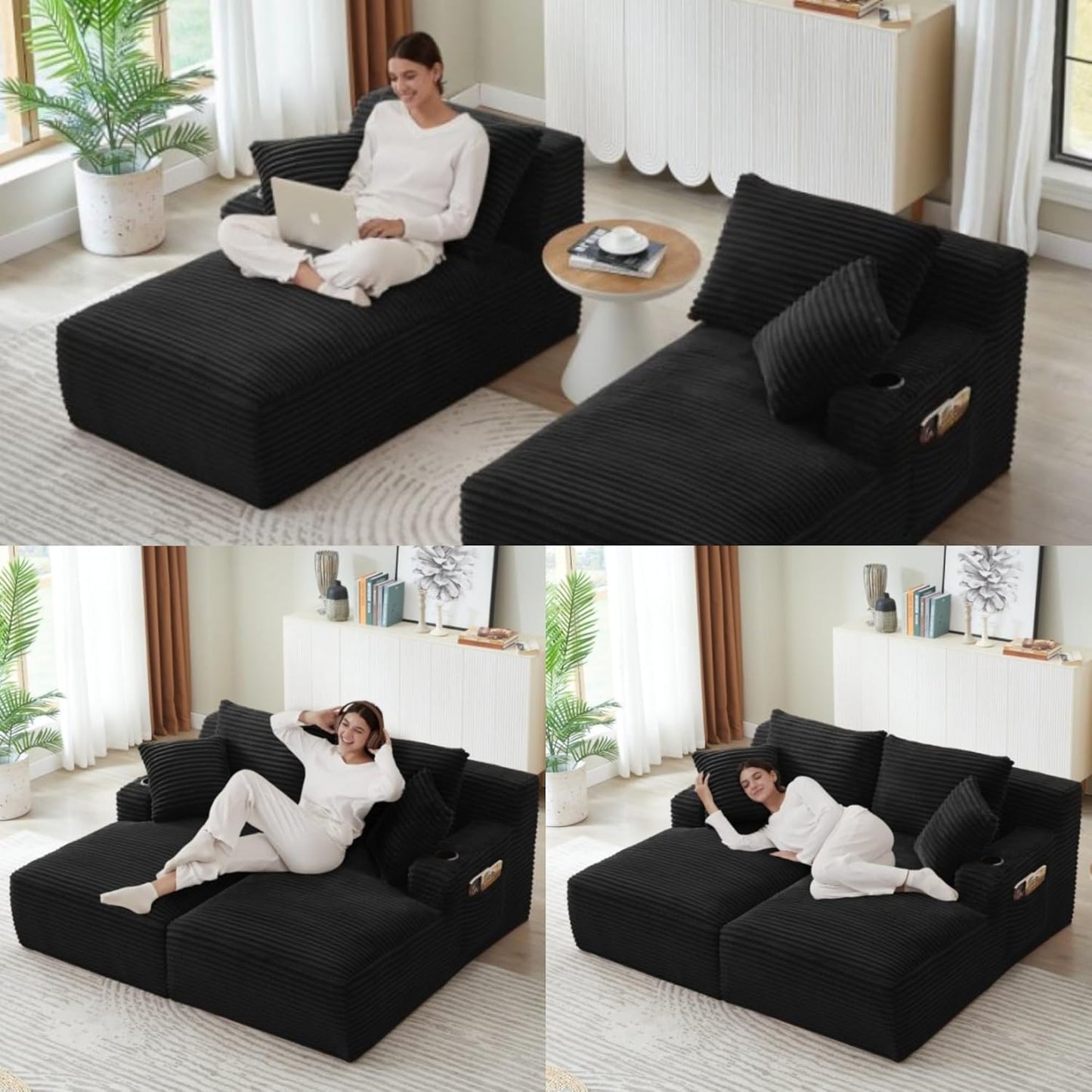 Oversized Sectional Double Chaise Lounge, Compressed Boneless Lounge Chaise with Cupholders, Boneless Sofa with Deep Seat, Fluffy Modern Sleeper Loveseat for Indoor Living Room, Black