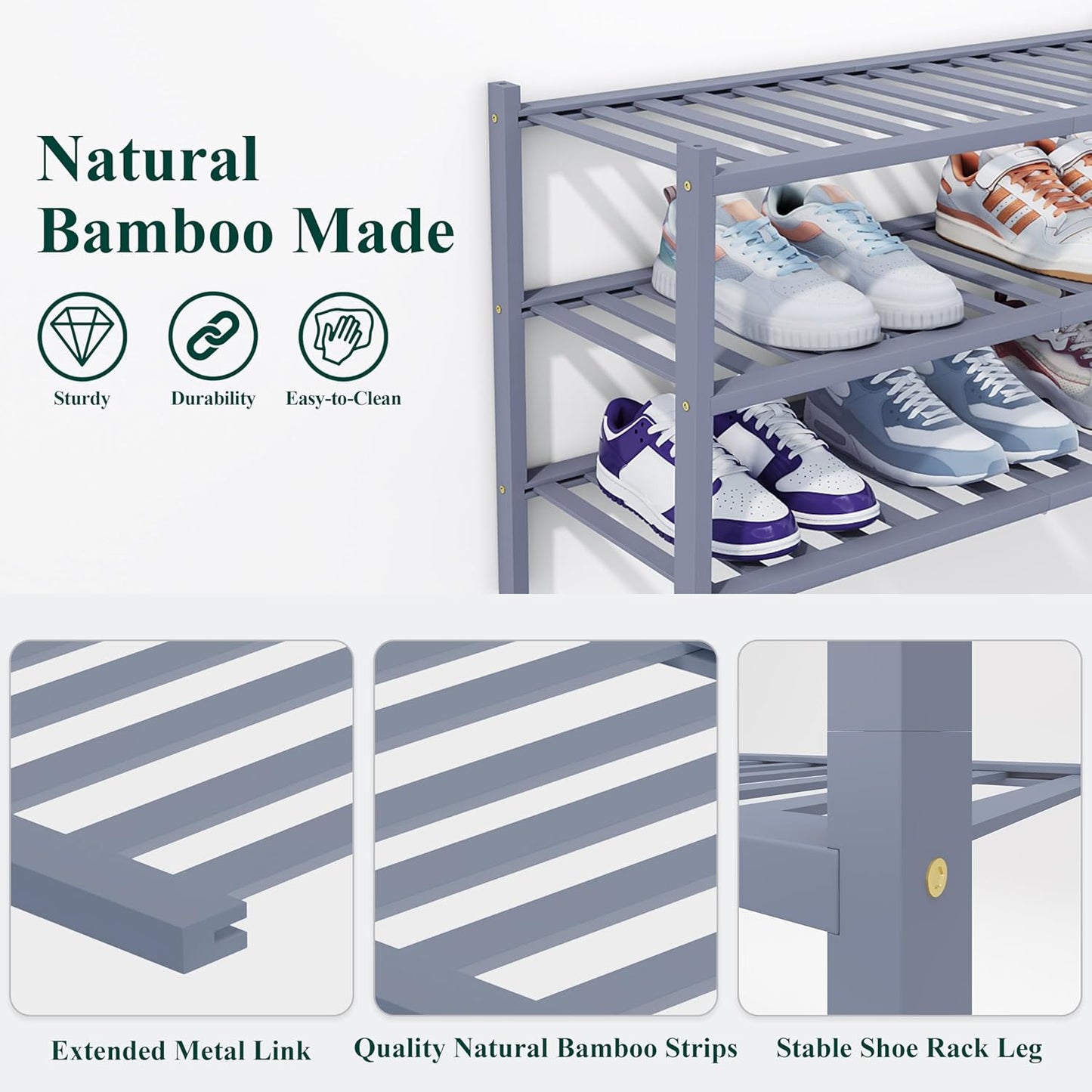 Smiry Shoe Rack, 5 Tier Thick Bamboo Shoe Organizer, Stackable Free Standing Wooden Shoe Storage Shelf for Closet, Entryway, Front Door Entrance, Grey