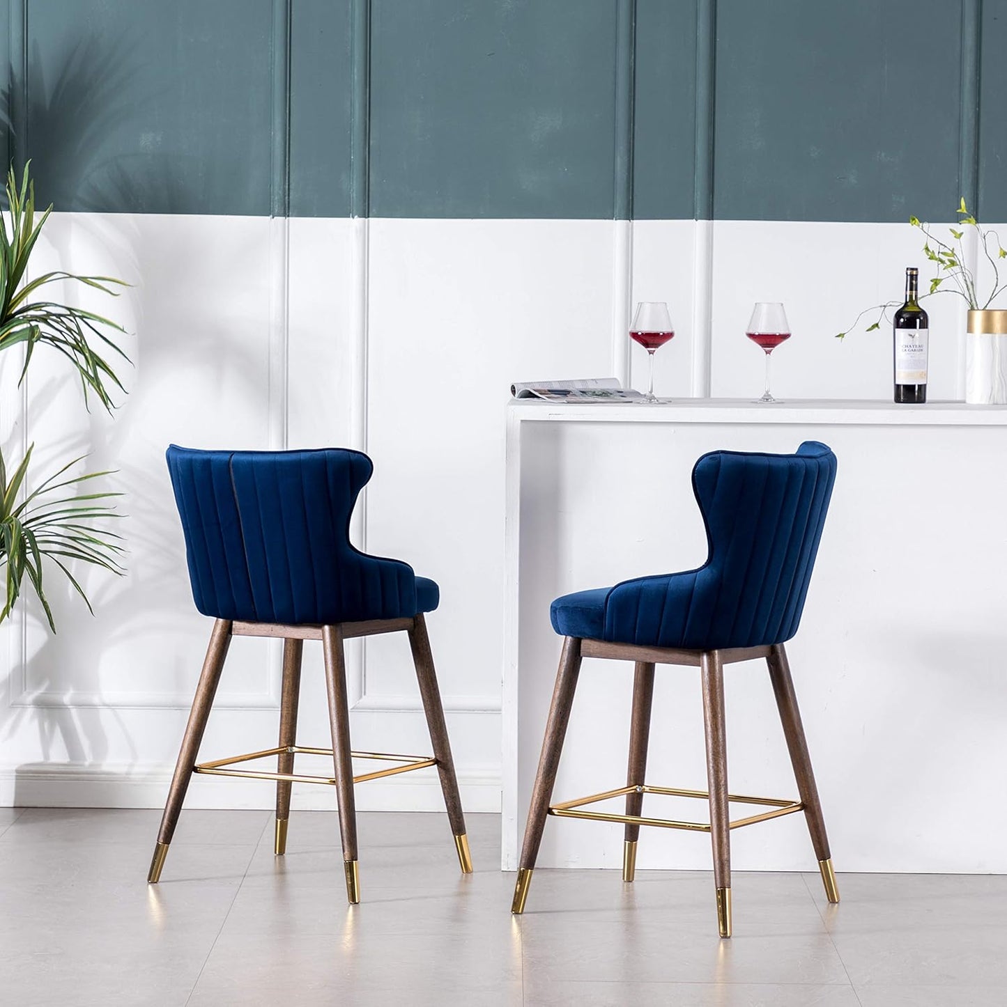 Roundhill Furniture Leland Fabric Upholstered Counter Height Wingback Stools, Set of 2, Blue