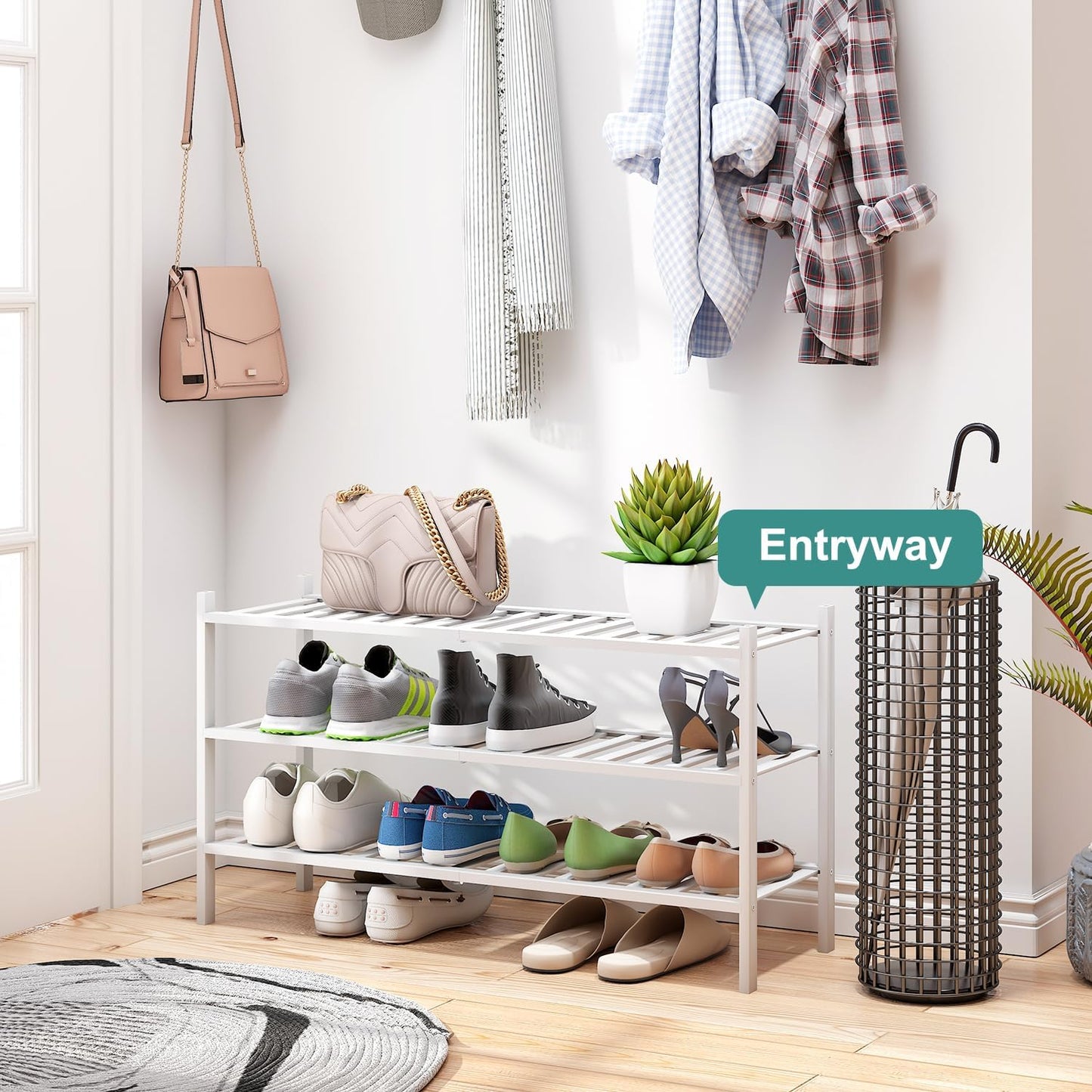 3-Tier Long Shoe Rack, Bamboo Wood Shoe Rack for Closet, Entryway & Hallway, Stackable White Shoe Shelf Storage Organizer for Indoor Outdoor