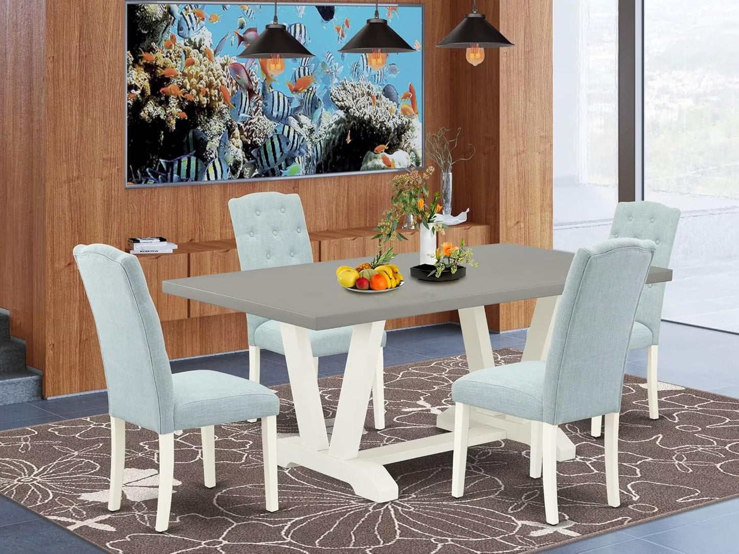 East West Furniture V097CE215-5 5 Piece Dining Table Set for 4 Includes a Rectangle Kitchen Table with V-Legs and 4 Baby Blue Linen Fabric Upholstered Chairs, 40x72 Inch, Multi-Color
