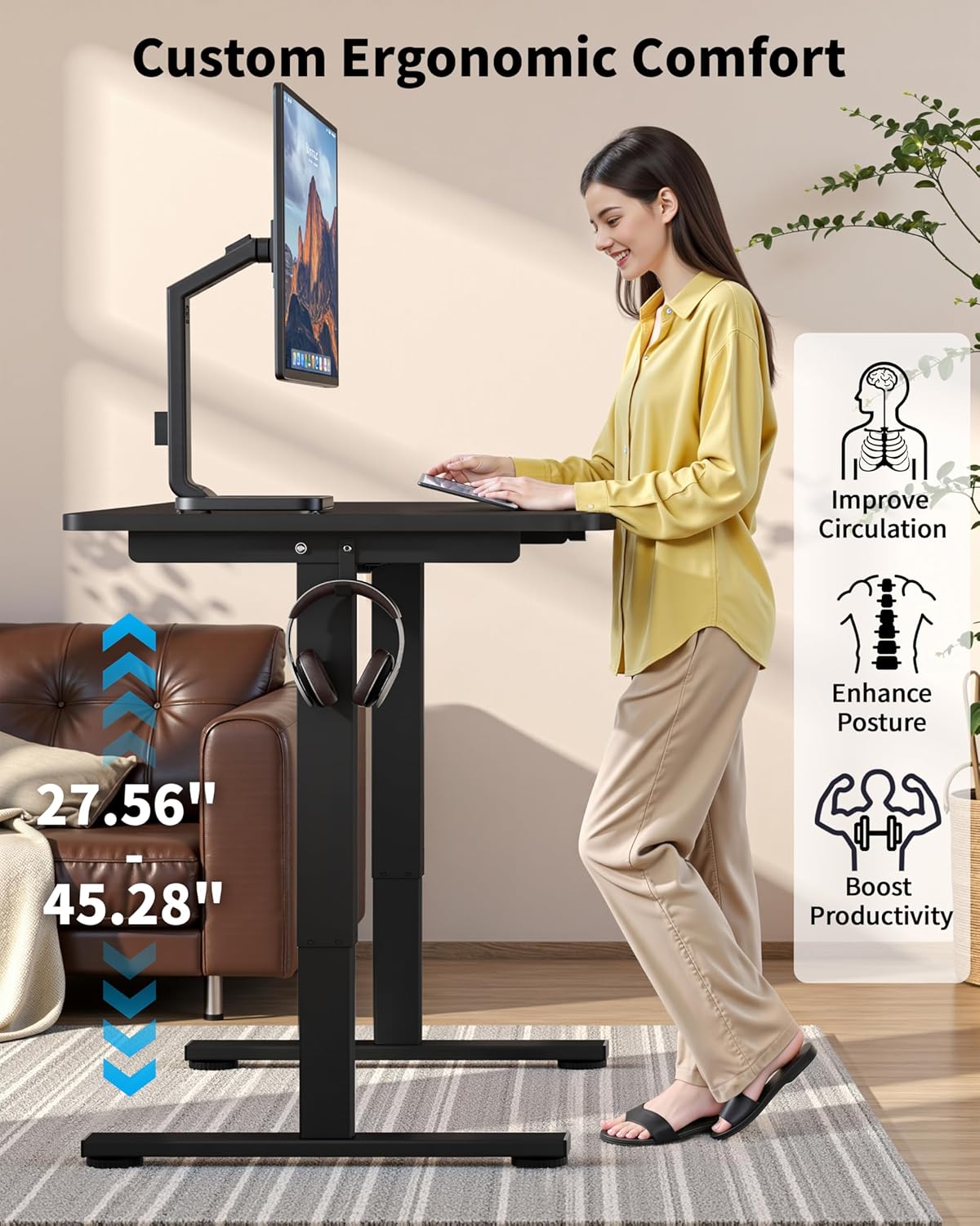 Okin Small Electric Standing Desk, 36" x 24" Whole Piece Height Adjustable Desk, Black Sit to Stand Desks Computer Workstation for Home Office
