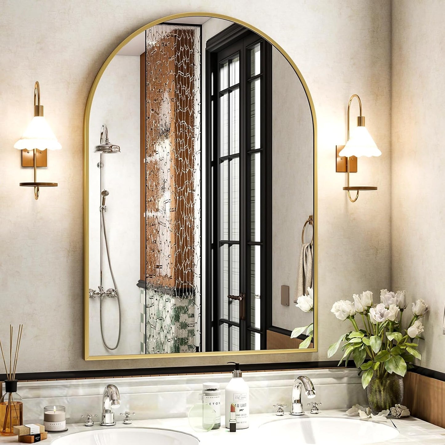 30x38 Inch Arched Bathroom Mirror - Gold Metal Frame Wall Mounted Vanity Mirror for Bathroom, Bedroom, Living Room, Hanging or Leaning Decorative Mirror