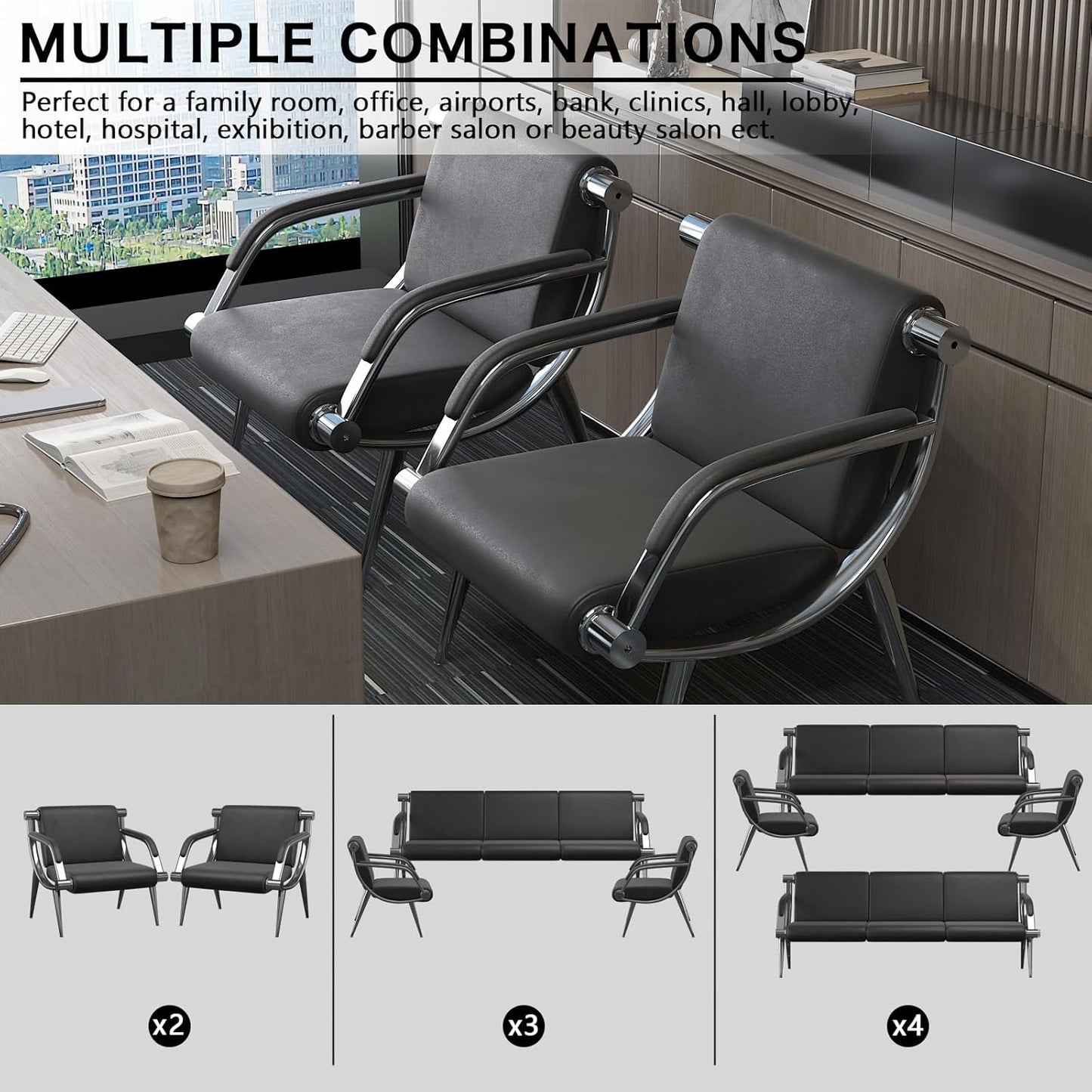 wonline 5 Seat Waiting Room Chair with Armrest PU Leather Office Furniture, Office Guest Seating Lobby Conference Reception Chairs for Airport Clinic Hospital Bank Salon Barber(Black)