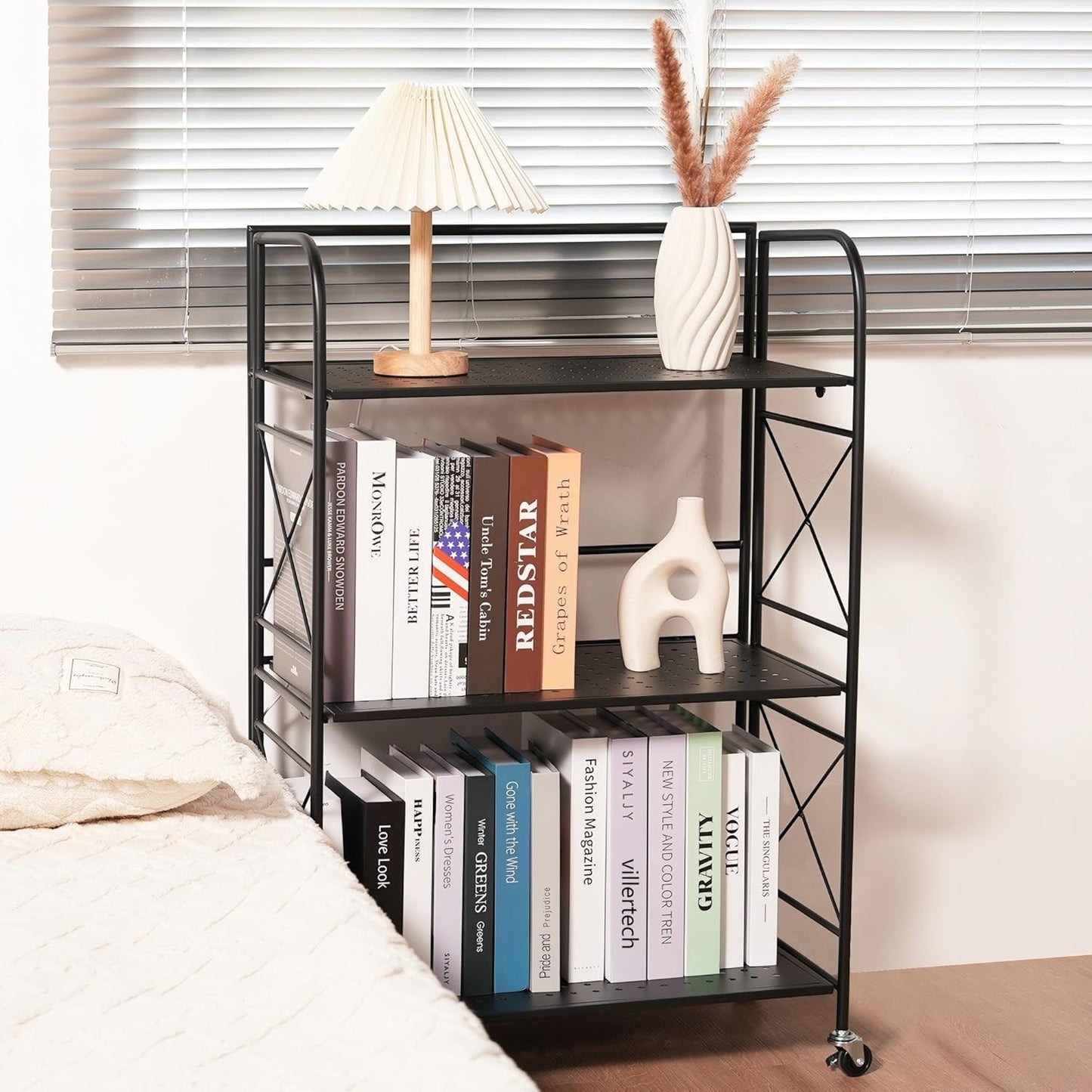 Foldable 3-Tier Metal Shelf with Wheels - Folding Bookshelf Unit for Living Room, Kitchen, Study 12.6" D x 23.6" W x 33.8" H, Matte Black