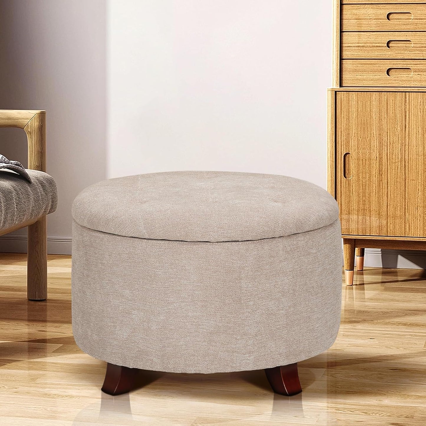 Athena Collection 24.5 Inch Small Ottoman with Storage, Round Linen Fabric Storage Ottoman Foot Rest with Removable Lid, Multipurpose Footstool Footrest for Livingroom, Bedroom, Dorm, Beige