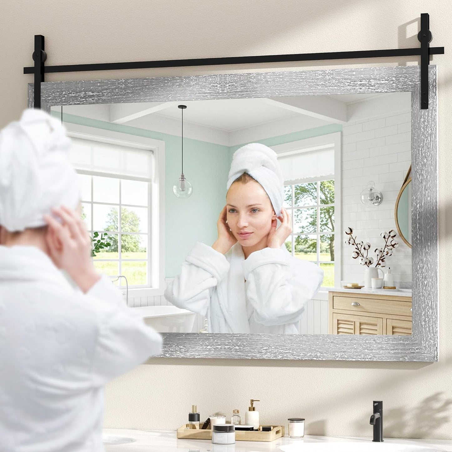 Hasipu Farmhouse Bathroom Mirror, 48"x32" Rustic Wood Framed Wall Mounted Mirror, Gray Vintage Vanity Mirror Barn Door Style Decrative Mirrors