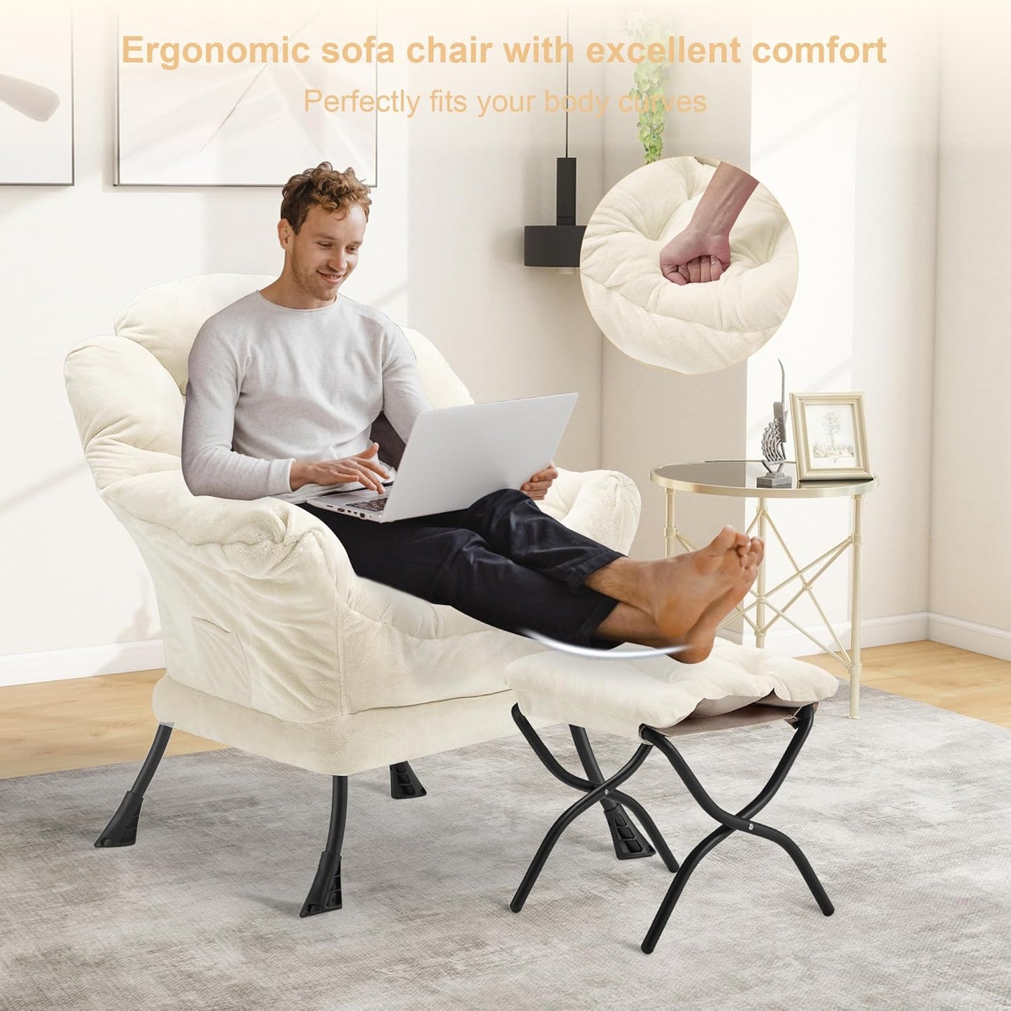 Fabric Lazy Chair with Ottoman, Oversized Upholstered Sofa Chair for Adults, Plush Comfy Lounge Chair with Large Side Storage Pocket, Reading Chair for Living Room, Bedroom, Study Room, Beige