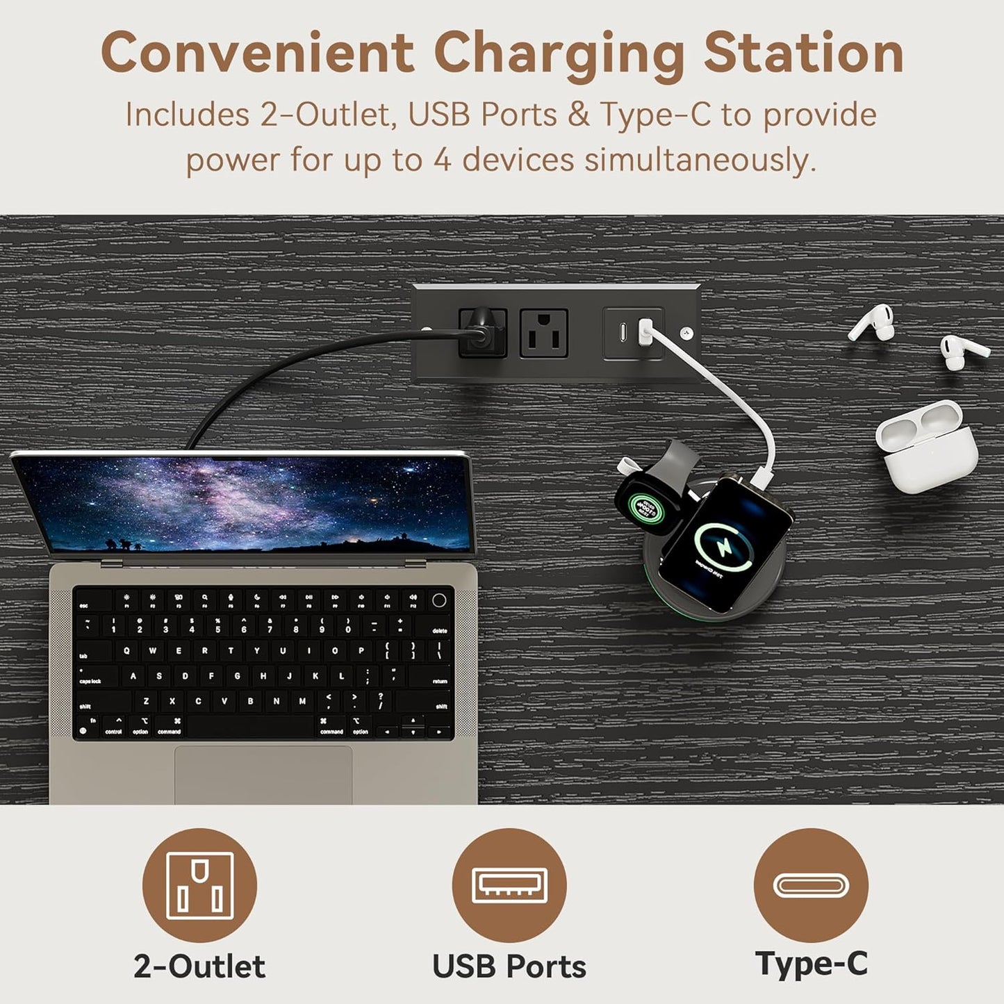 Farmhouse 57" Lift Desktop Executive Desk with 6 Drawers and Charging Station, Wood Home Office Computer Desk with File Cabinet Storage, Keyboard Tray,Headphone hook for Work,Study, Antique White