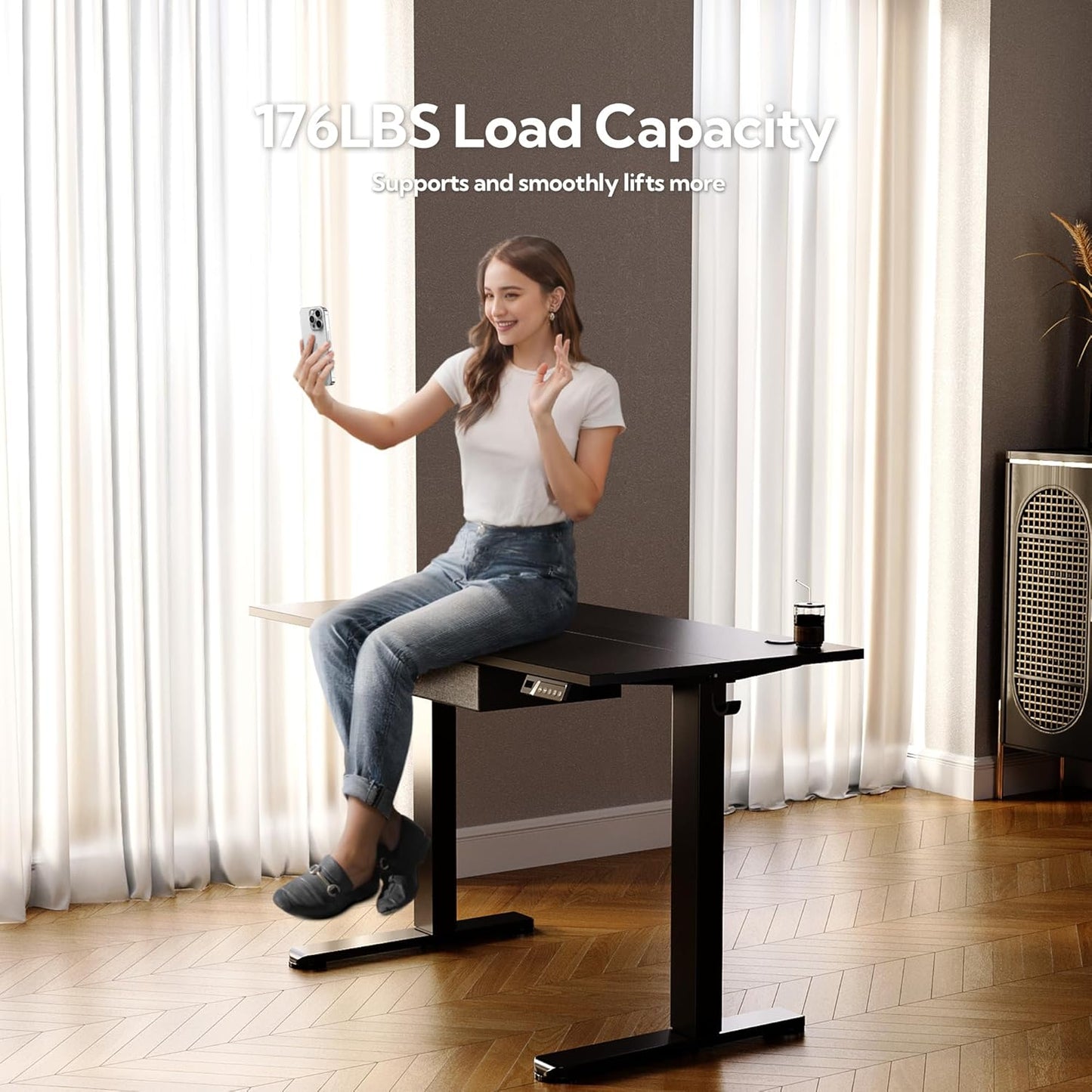 Seang Standing Desk with Drawer, 55" x 24" Height Adjustable Stand Up Desk, 3 Memory Height Settings with Cable Grommets & Storage Hooks, Ideal for Home & Office, Black