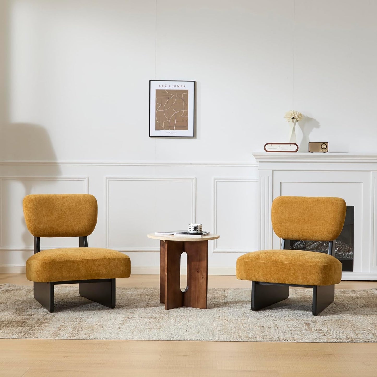 Christopher Knight Home Mores Low Profile Accent Chair Set of 2, Modern Living Room Armless Lounge Chair, Fabric Comfy Reading Chair for Bedroom, Wooden Frame and Thick Padded Seat, Black+Tumeric