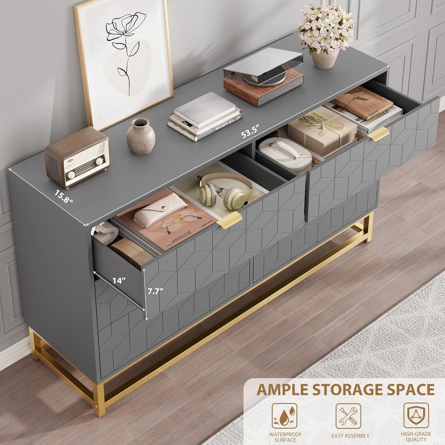 Dresser for Bedroom, 53.5" Large Dresser Organizer, 6 Drawer with Golden Metal Handle and Legs, Modern Chest of Drawers, Grey Dressers with Drawers for Closet, Hallway, Living Room, Entryway
