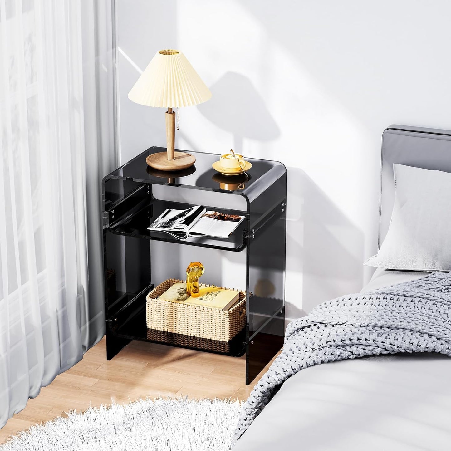 Acrylic Record Player Table with Storage Shelf, Clear Side Table Nightstand (Black)