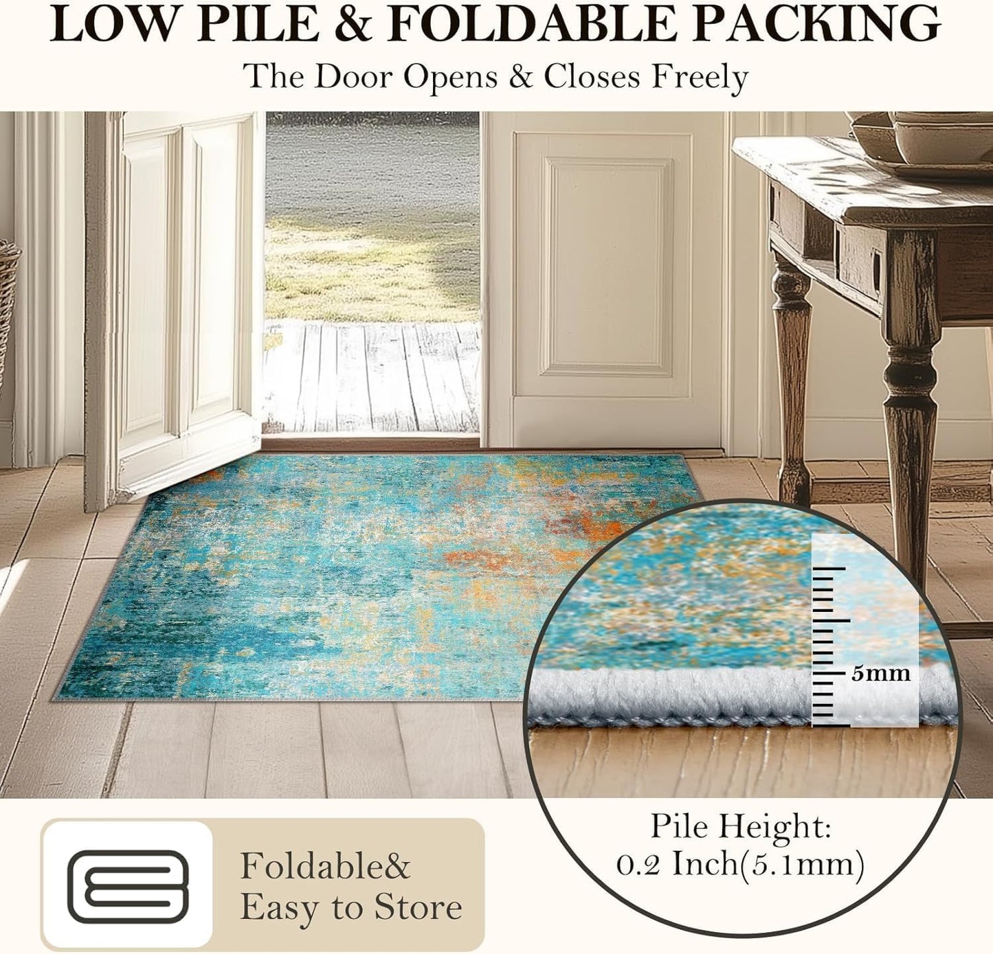 Washable Area Rugs 4'x6' Non-Slip Modern Abstract Soft for Living Room Entryway Bedroom Nursery, Print Pattern, Teal Blue Green Orange Rust Red Colorful