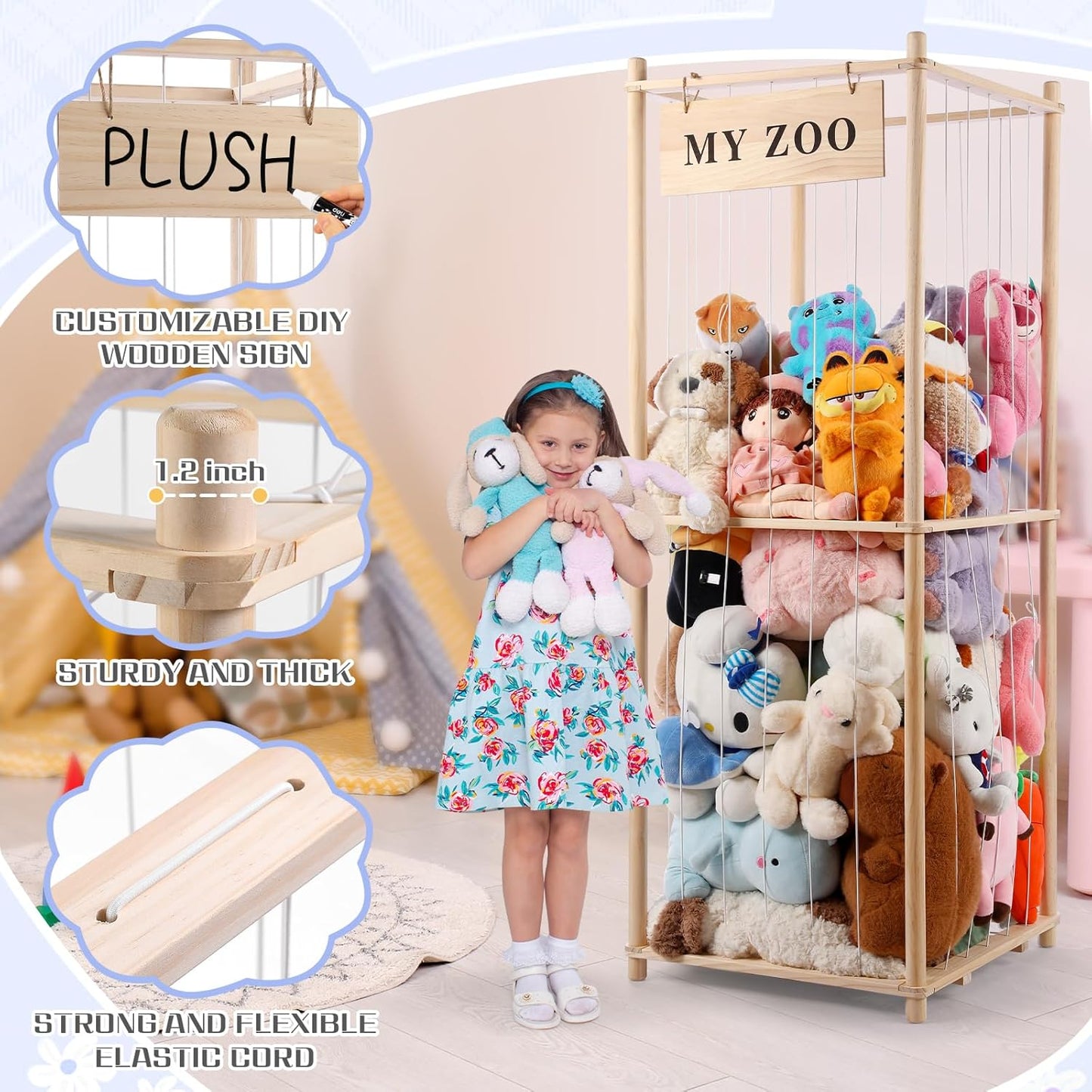 Stuffed Animal Storage Zoo, Wooden Stuffed Animal Organizer with Elastic Cords for Boys Girls, Space Saving Toy Plushies Storage Holder for Playroom, Bedroom, Living Room (Burlywood, Large)