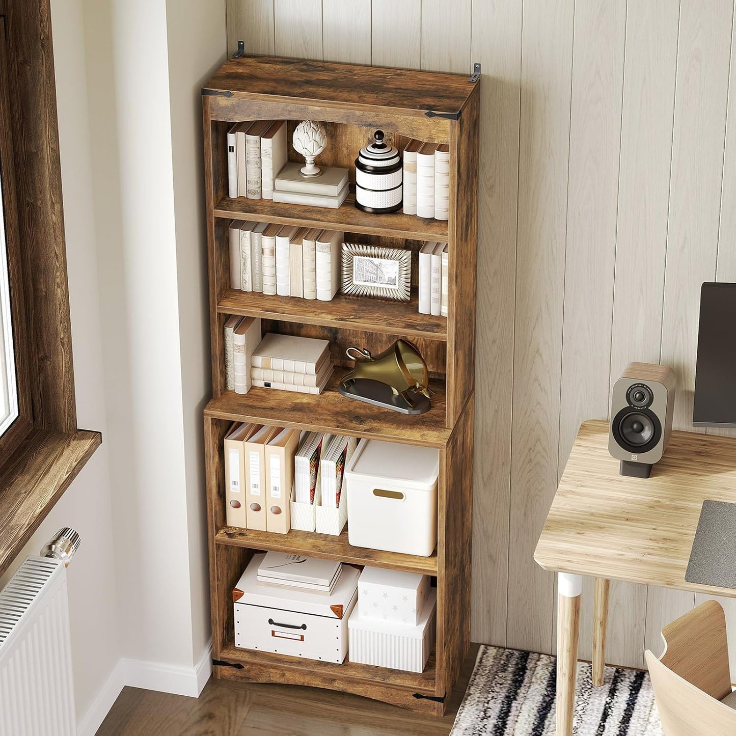 Tall Bookcase and Bookshelf, 6-Tier Bookcase with Storage, 63" Wooden Bookshelf, Farmhouse Freestanding Display Storage Shelves for Home Office, Living Room, Rustic Brown SJ09BR