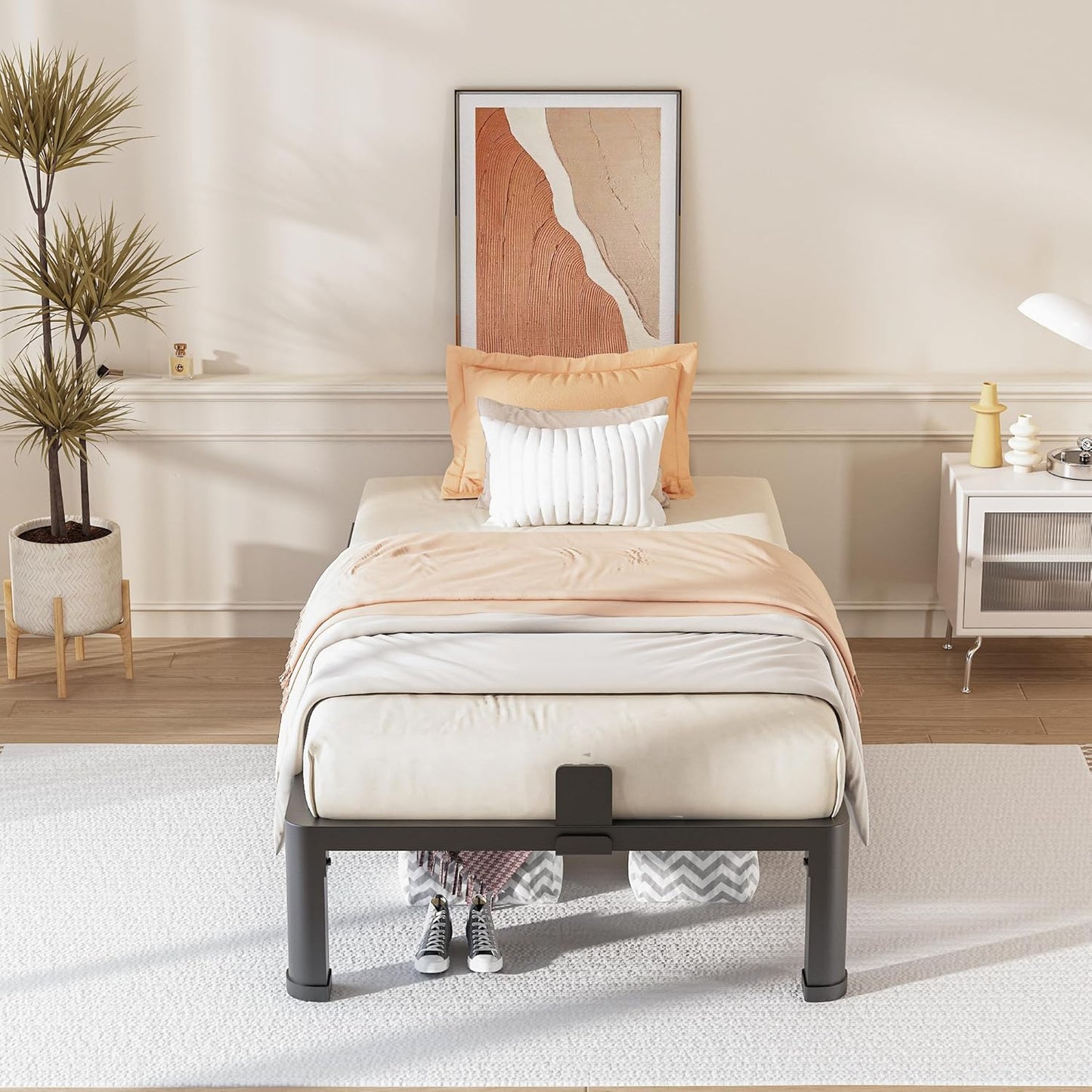 FUIOBYVV 10 Inch Twin XL Bed Frame with Rounded Corner and Headboard Hole Mattress Retainers 3500 LBS Metal Heavy Duty Steel Slats Support No Box Spring Needed Platform Noise Free Easy Assembly