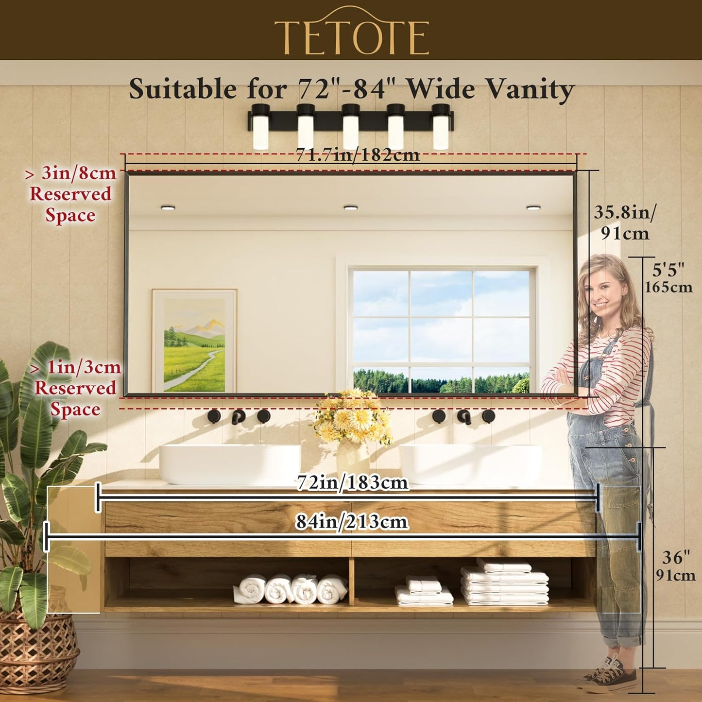 TETOTE Brushed Gold Mirror Beveled Frame 72" x 36" Large Brass Gold Rectangle Bathroom Vanity Wall Mirror for Over Sink, Modern Farmhouse, Tempered Glass, Shatterproof, Stronger Frame