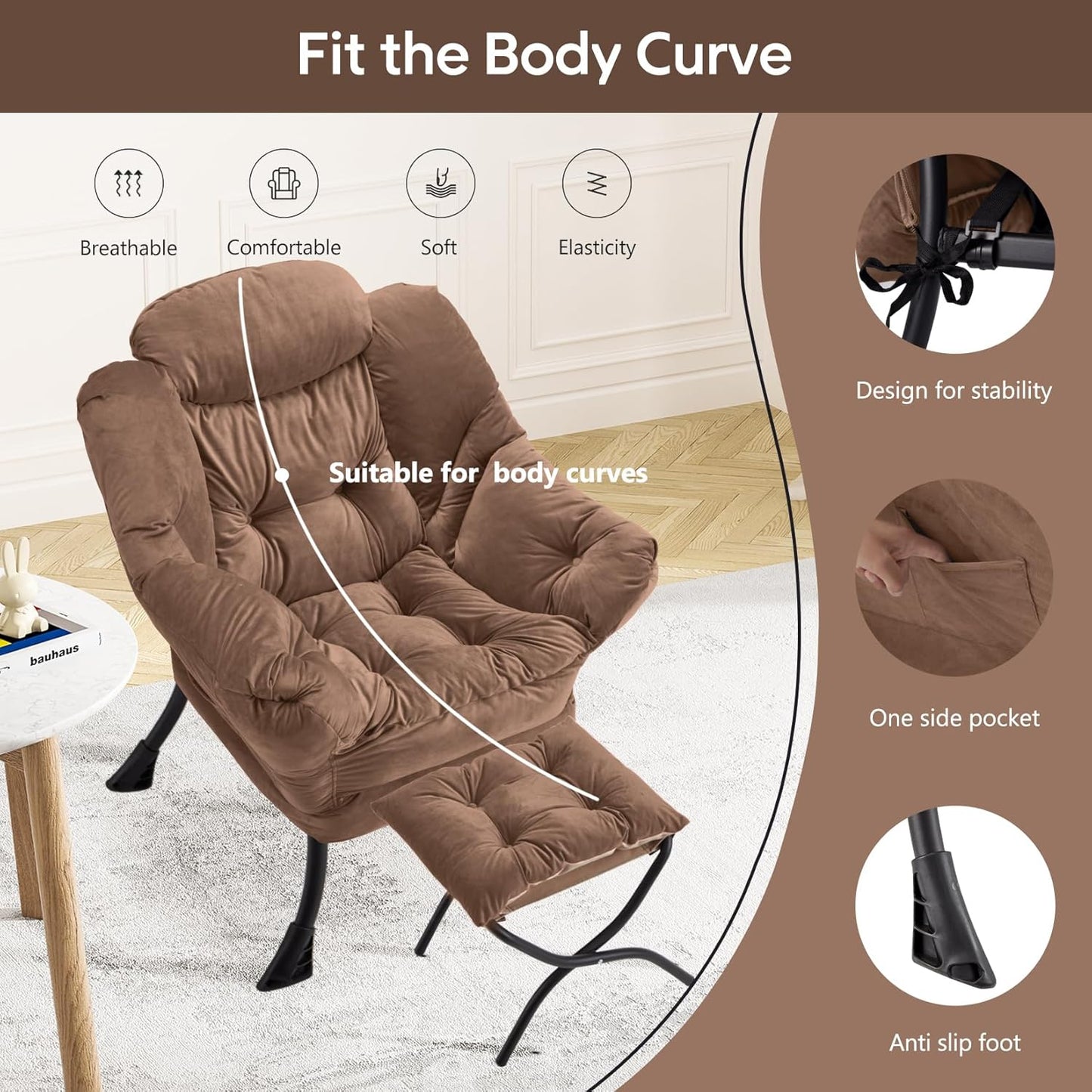 Lazy Chair with Folding Ottoman Modern Large Accent Chair,Contemporary Lounge Leisure Sofa Chair with Armrests Upholstered Sofa Armchair Reading Chair for Bedroom,Dorm & Office(Dark Brown-f)
