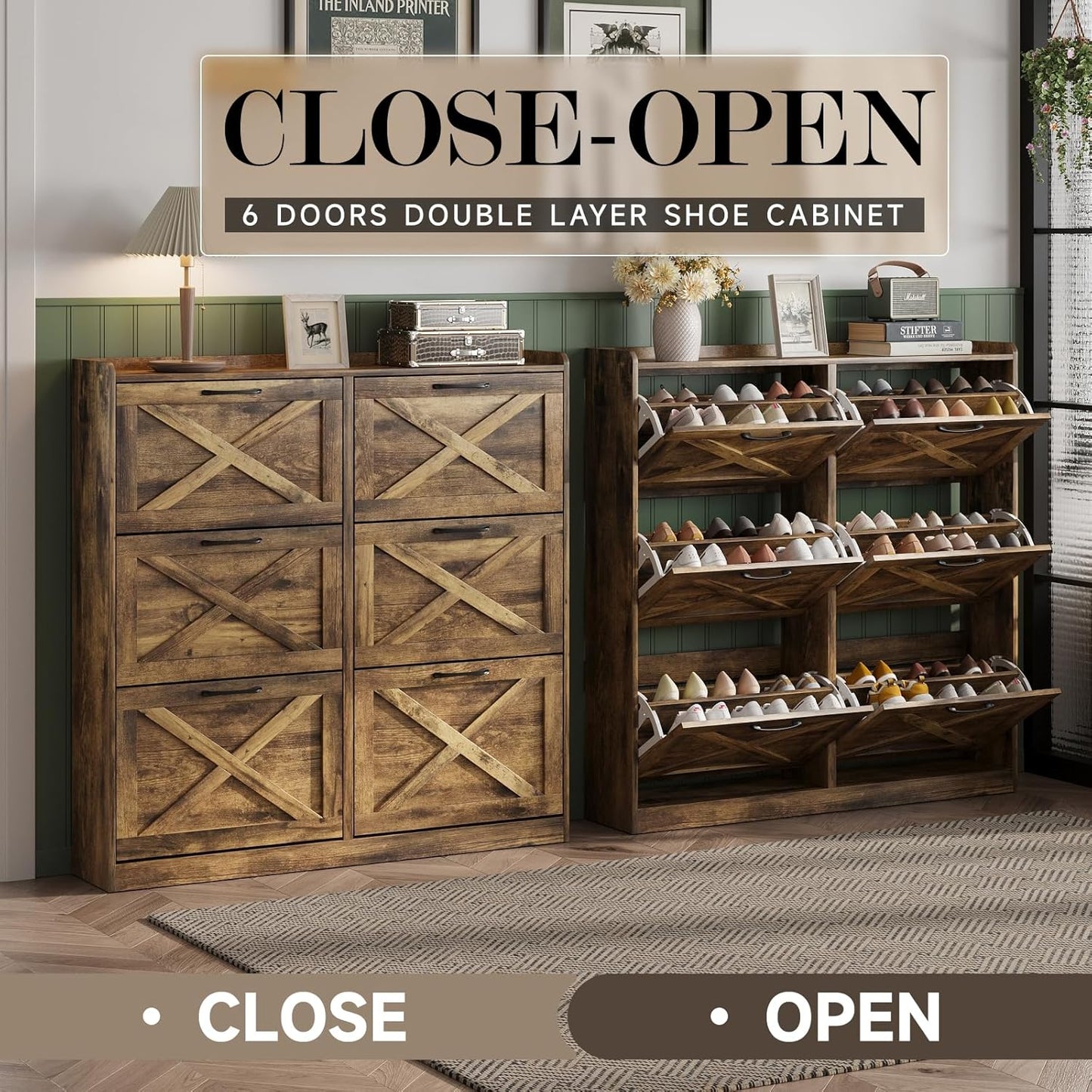 Maupvit Large Shoe Storage Cabinet with 6 Flip Drawers, Freestanding Shoe Organizer with Metal Handles for Entryway, Narrow Shoe Rack Cabinet, Rustic Brown