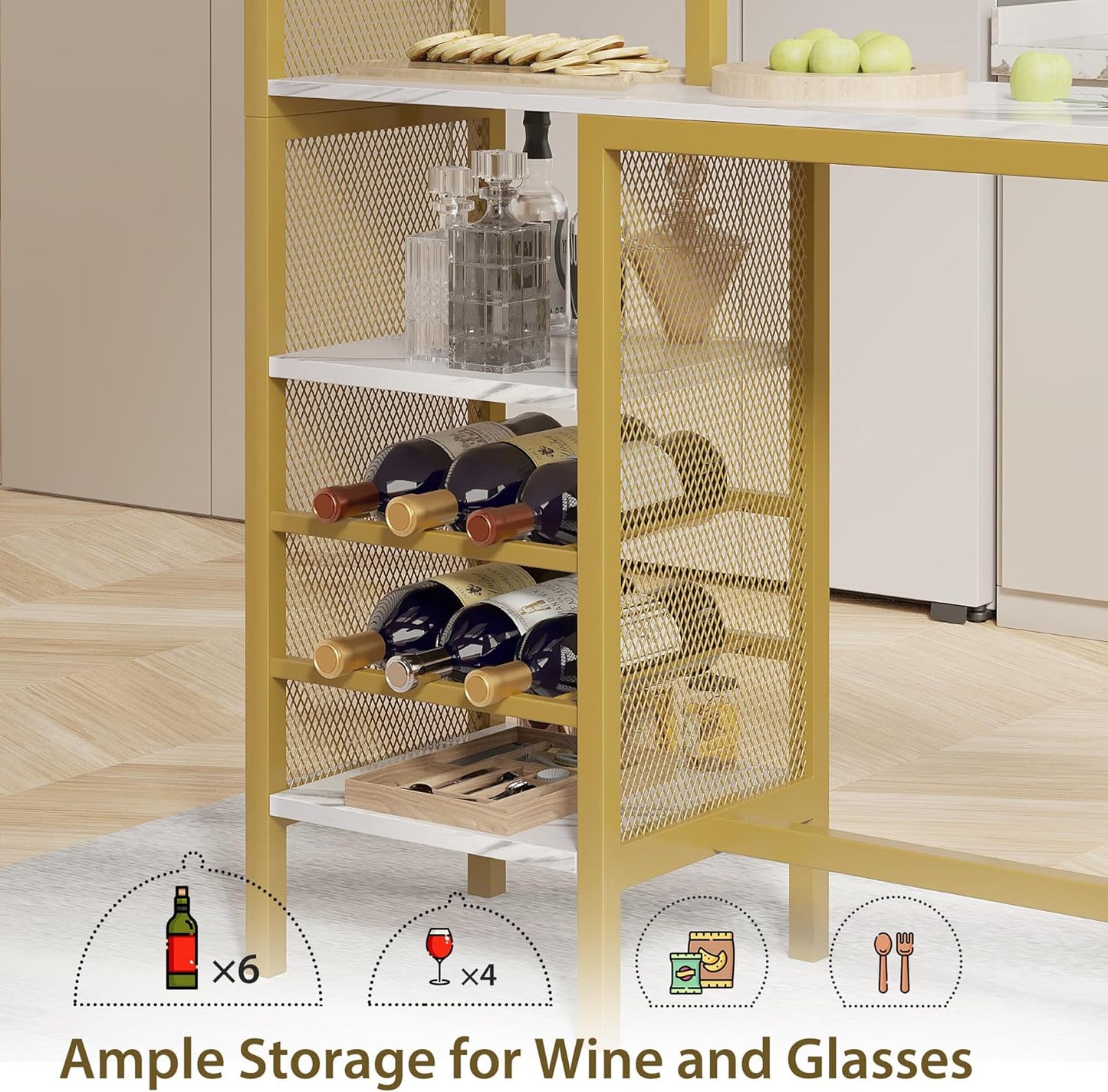 VECELO Bar Table and Chairs Set for 2, 3-Piece Dining Set with Storage Shelves, Cup Holder & Wine Rack, PU Leather Cushion Stools, for Kitchen Small Space, Gold