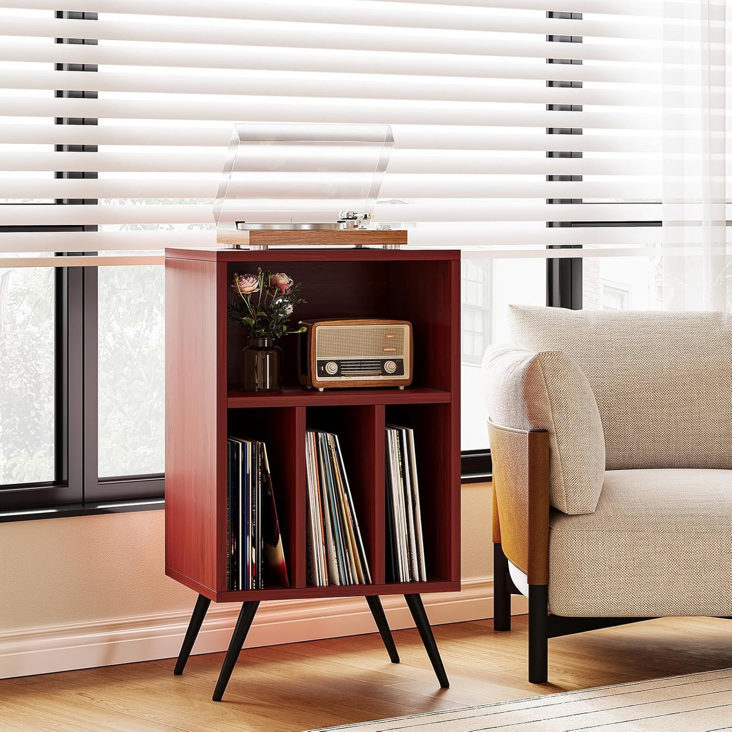 Record Player Stand,Vinyl Record Storage Cabinet with Storage Holds Up to 200 Albums,Vinyl Holder Shelf for Bedroom Living Room Playroom,Walnut