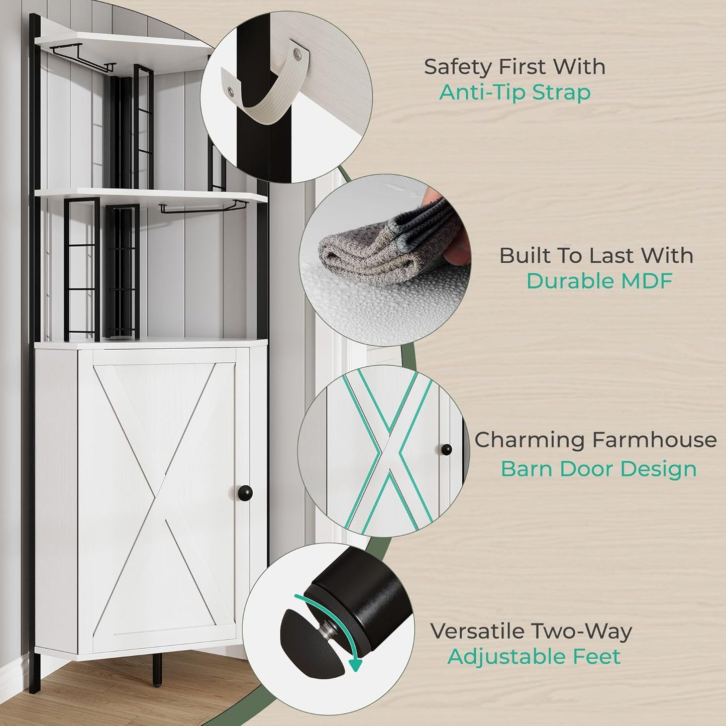 63” Tall Corner Bar Cabinet, Farmhouse Liquor Cabinet with Wine Rack (Holds 50+ Bottles), Glass Holder, Adjustable Shelves & Barn Door, Home Bar for Living Room/Kitchen, Ivory White